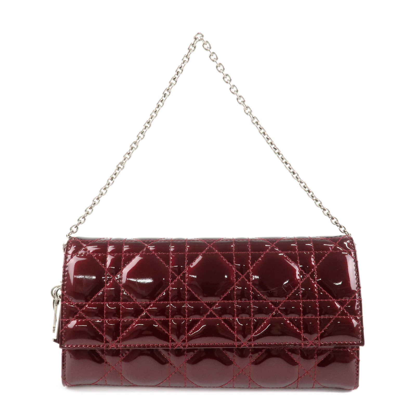 Christian Dior Lady Dior Cannage Patent Leather Chain Wallet Bordeaux Used