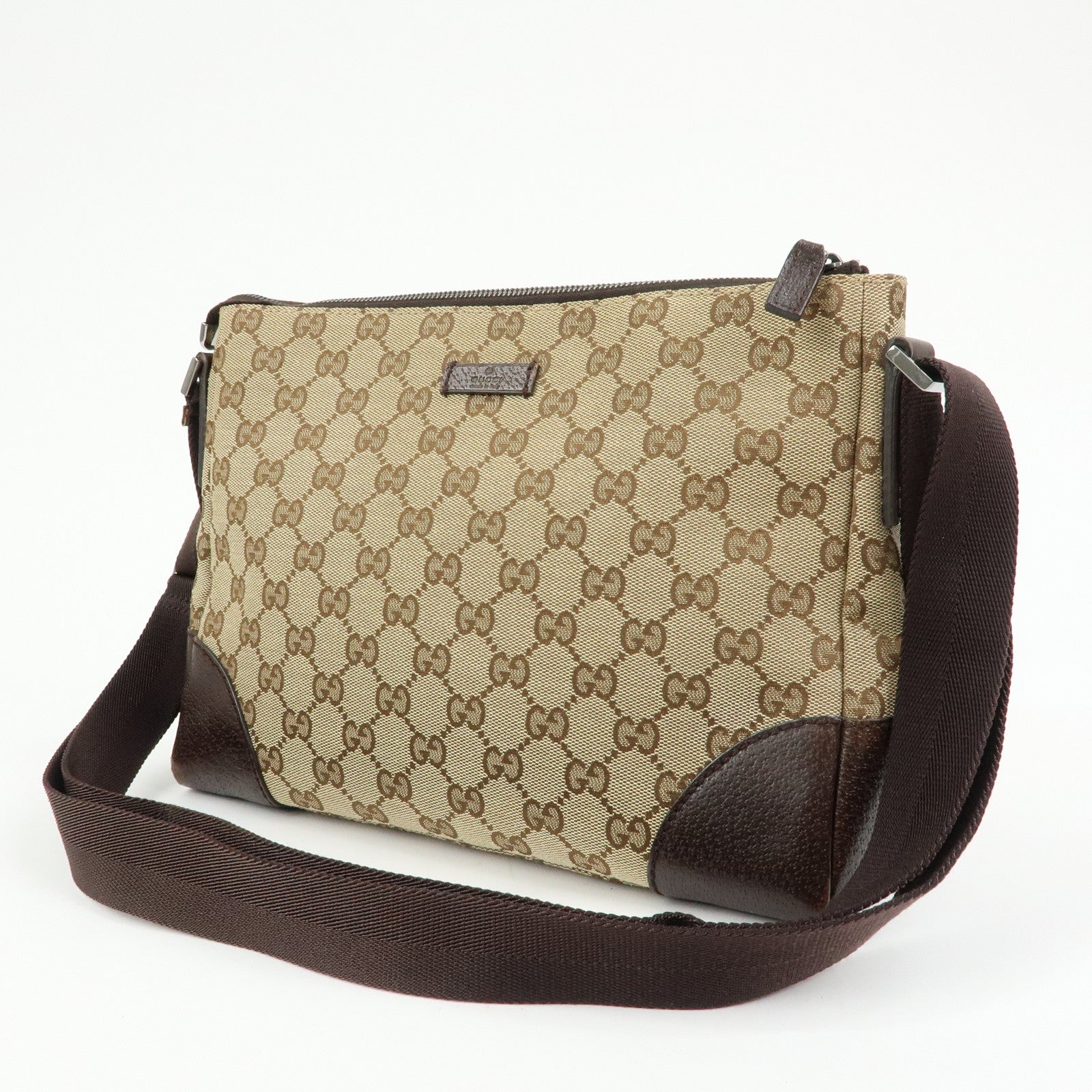 GUCCI GG Canvas Leather Crossbody Shoulder Bag Beige Brown 114273