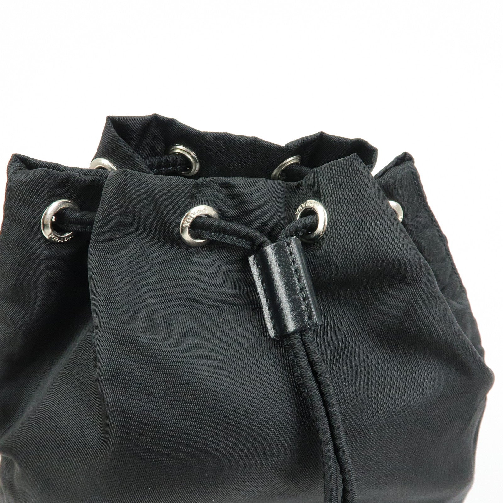 PRADA Triangle Logo Nylon Leather Drawstring Pouch Black MV369