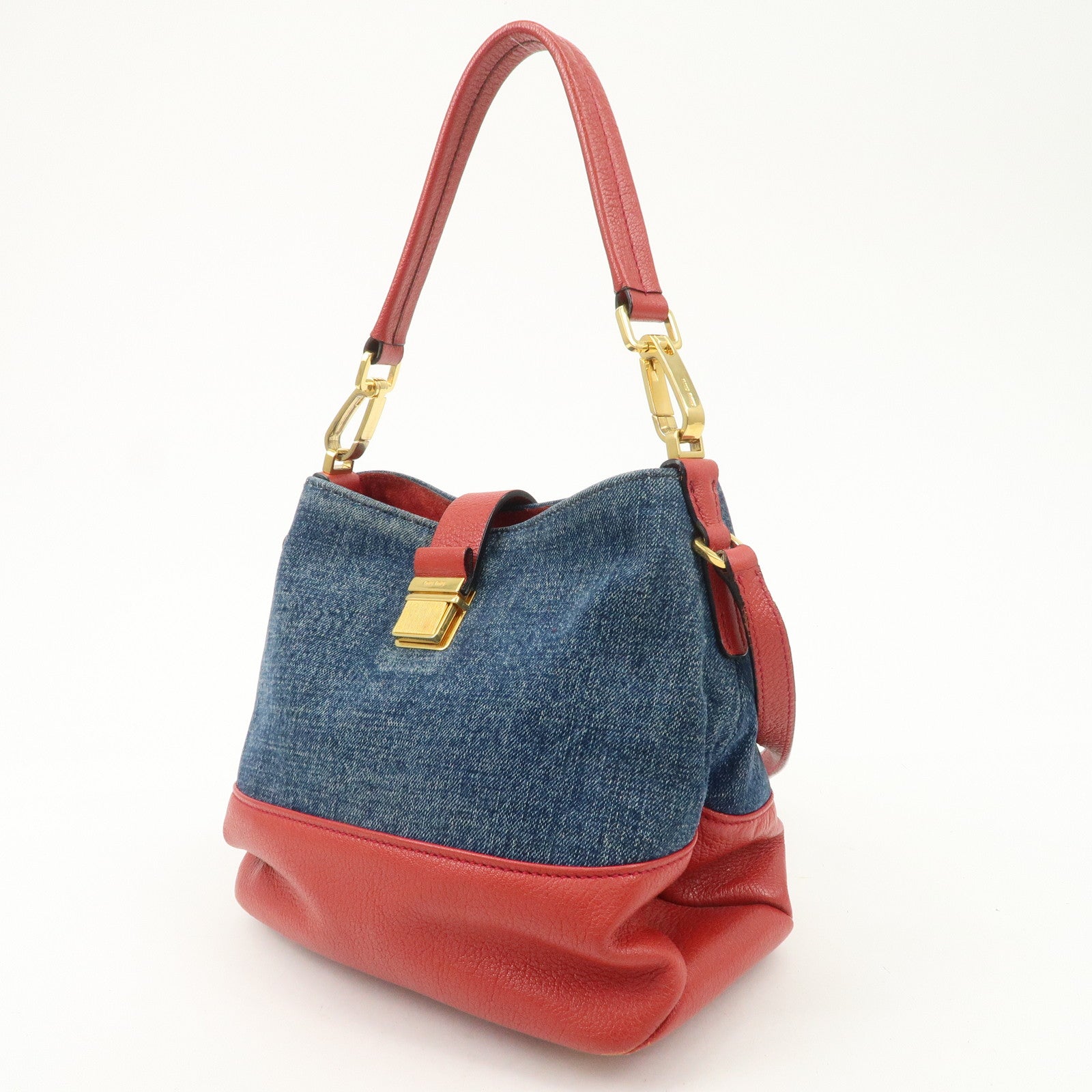 MIU MIU Madras Leather Denim 2Way Bag Shoulder Bag Red RR1951 Used
