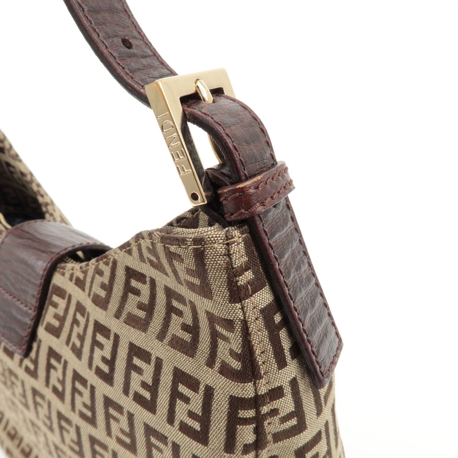 FENDI Zucchino Canvas Leather Shoulder Bag Beige Brown 8BR036 Used