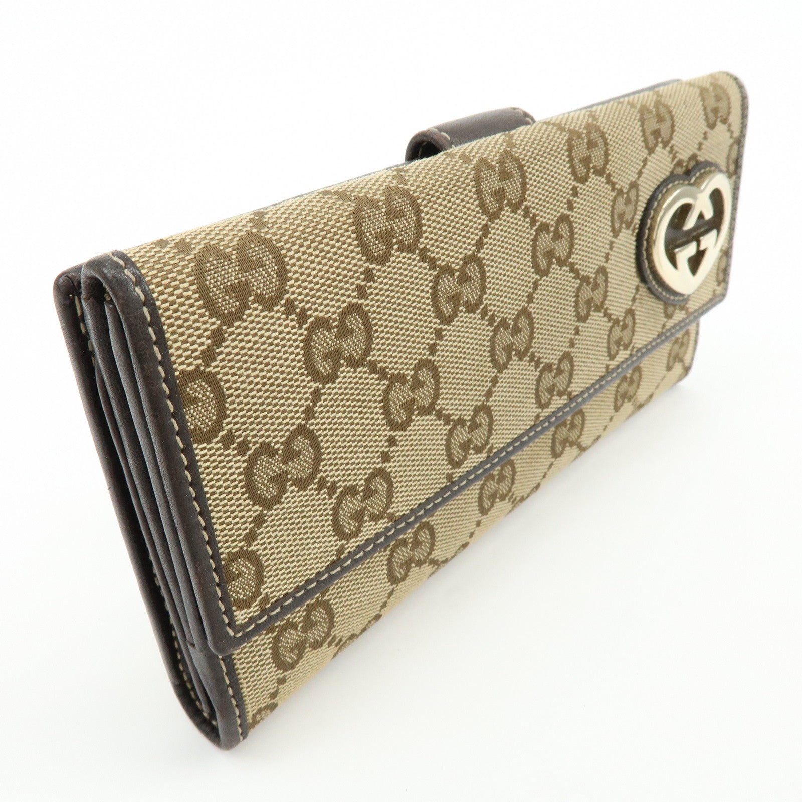 GUCCI Lovely Heart GG Canvas Leather Long Wallet Brown 245723