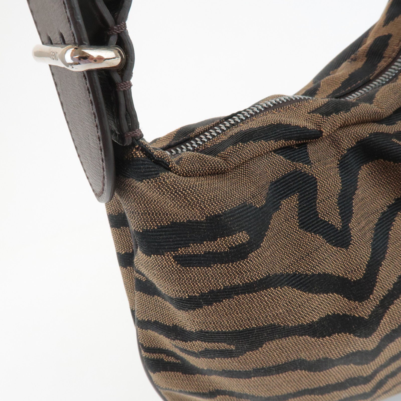 FENDI Zebra Leather Canvas Shoulder Bag Hand Bag Black Brown Used