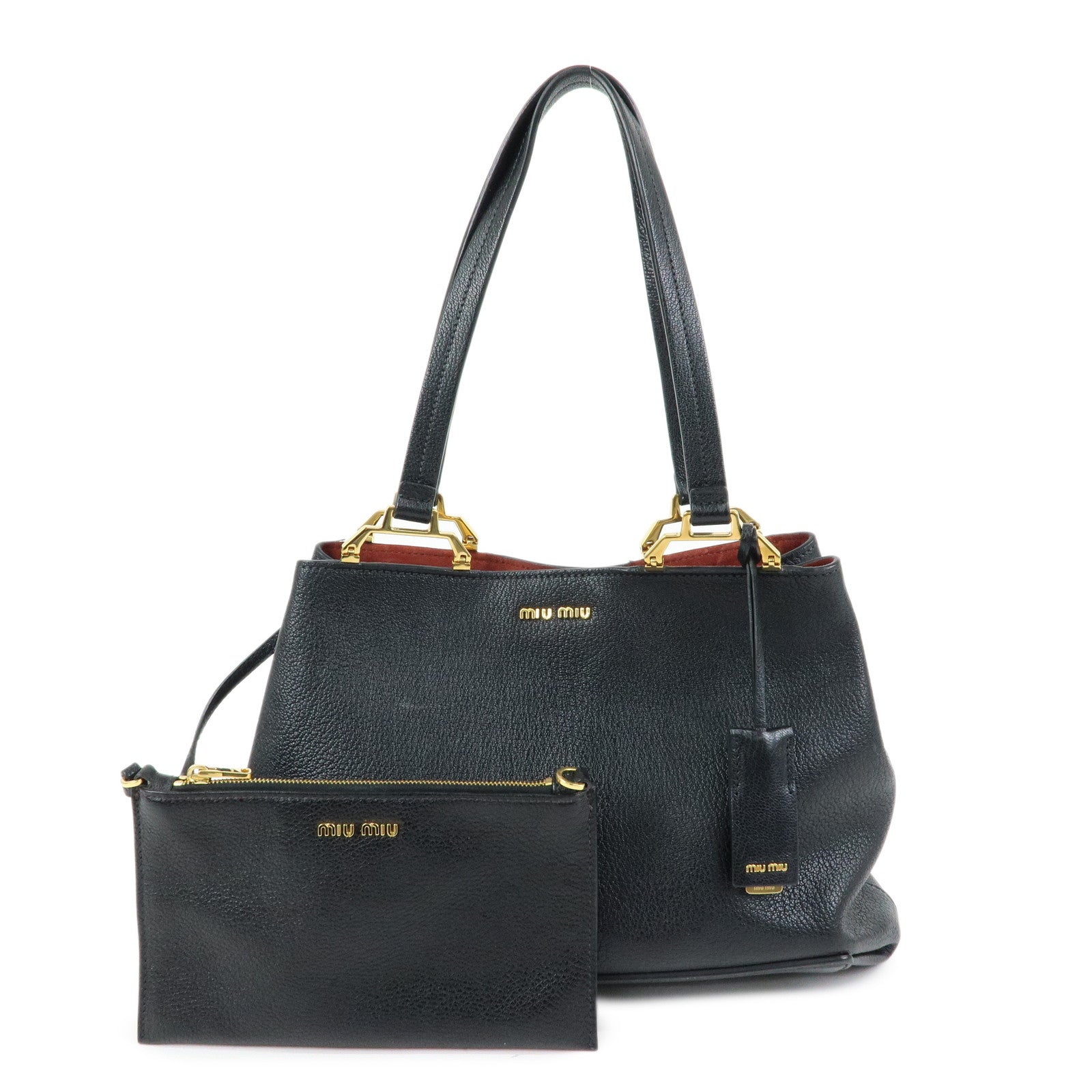 MIU MIU Madras Leather Tote Bag Hand Bag Shoulder Bag Black 5BG025