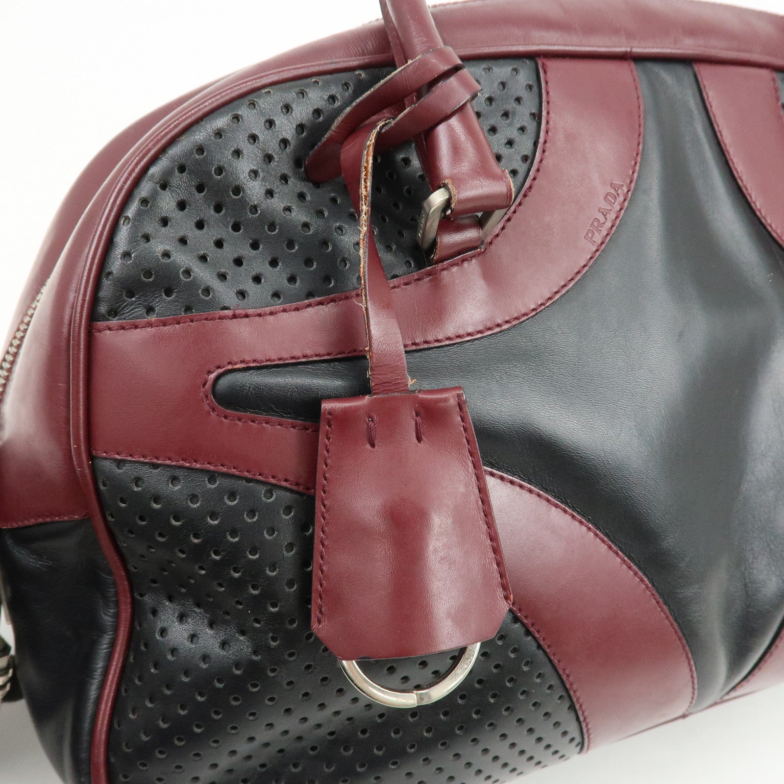 PRADA Leather Boston Bag Bowling Bag Hand Bag Black Bordeaux B10524