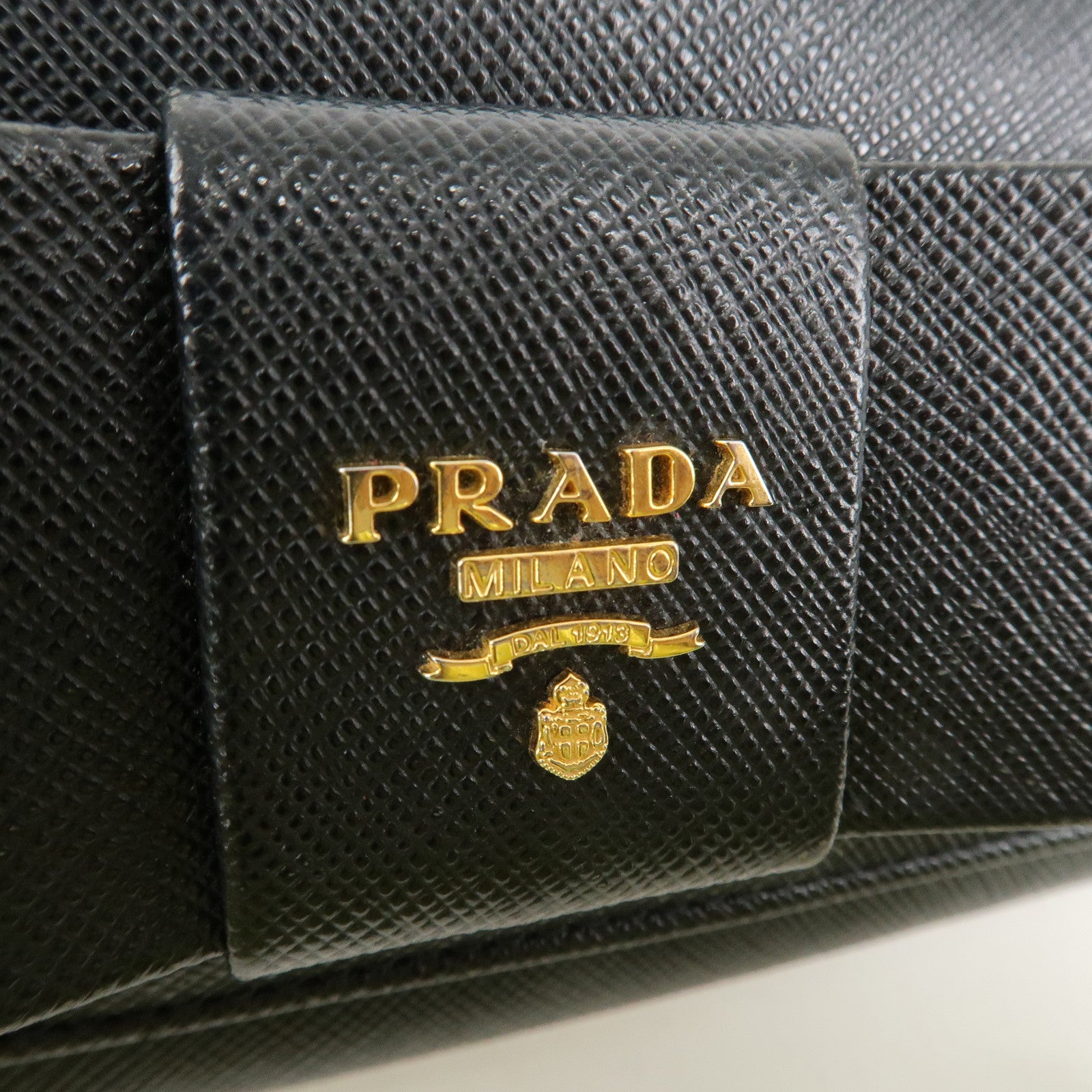 PRADA Saffiano Leather Flap Bi-Fold Long Wallet Black Gold 1MH132 Used