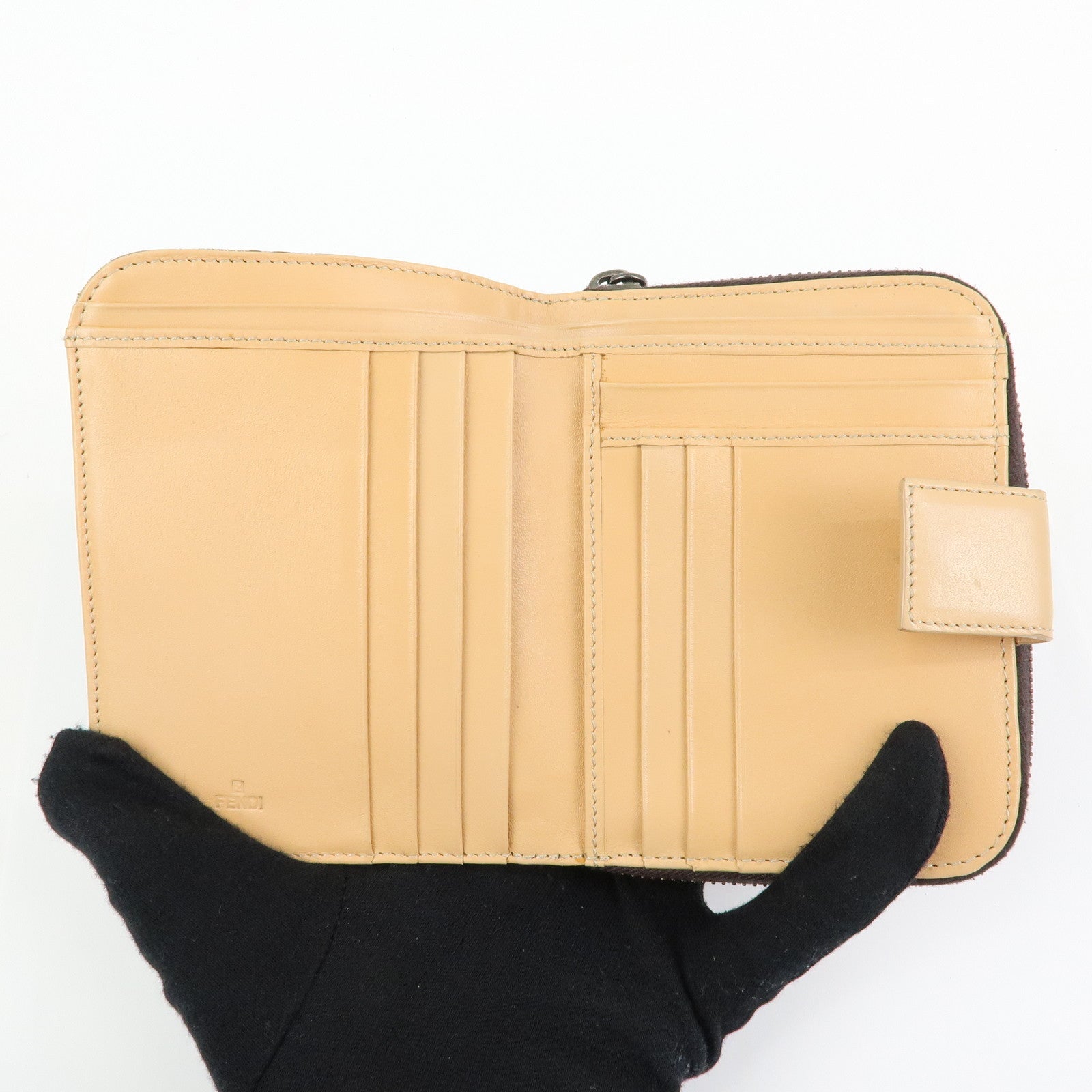 FENDI Zucchino Canvas Leather Compact Wallet Beige 8M0018