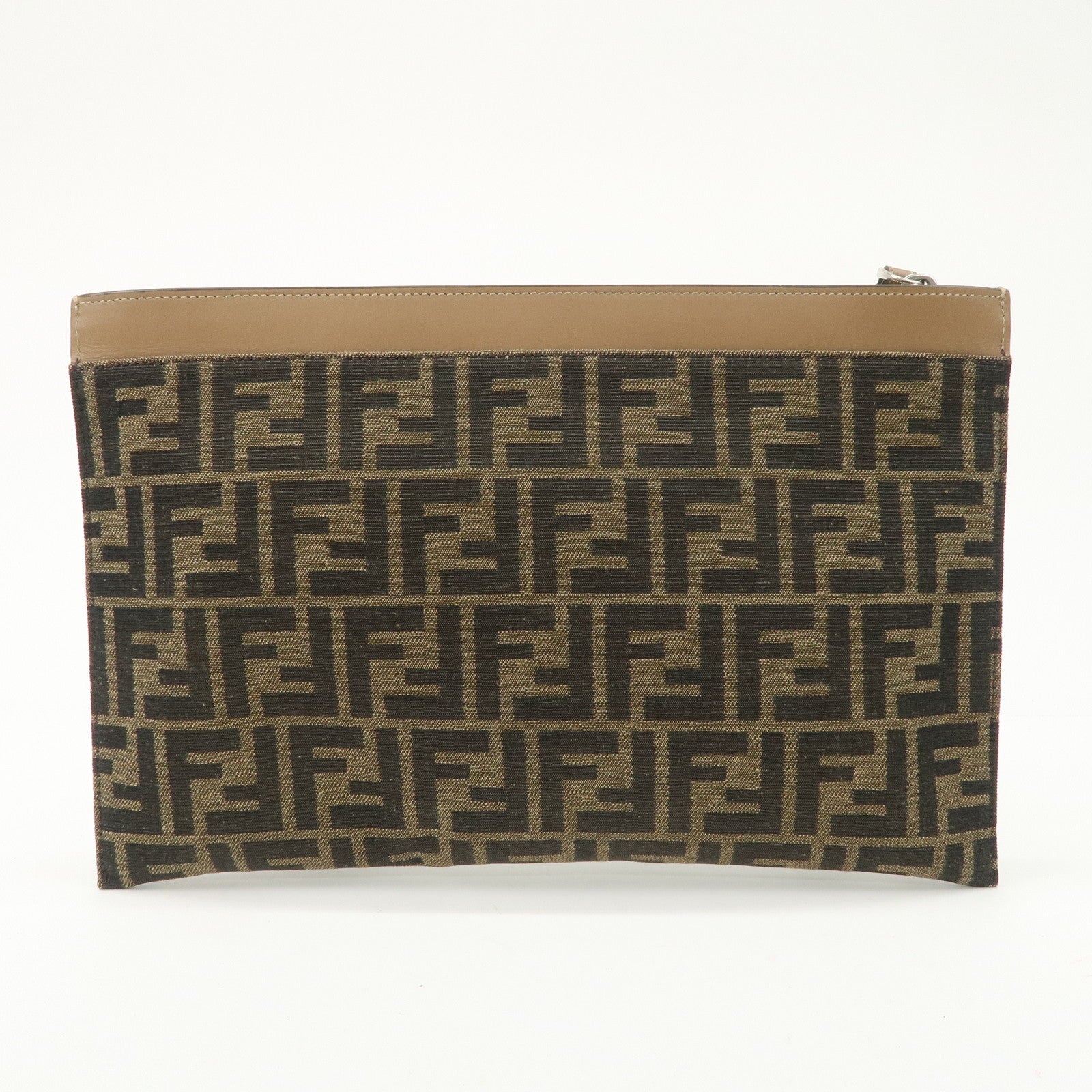FENDI Zucca Leather Canvas Slim Clutch Bag Medium Brown 7N0134