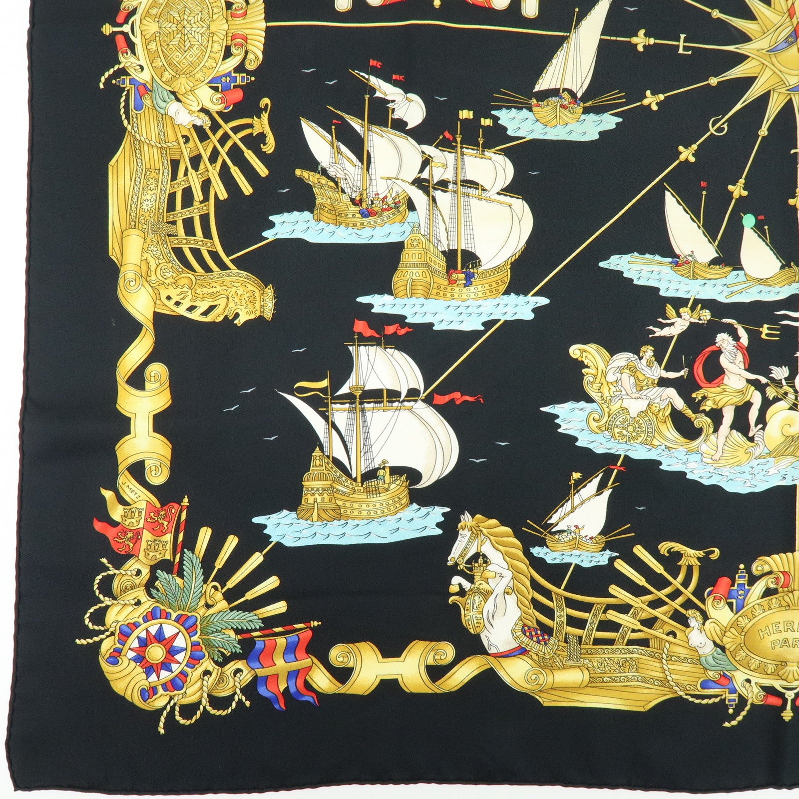 HERMES Carre 90 Set of 2 Silk 100% Scarf Black Gold Brown