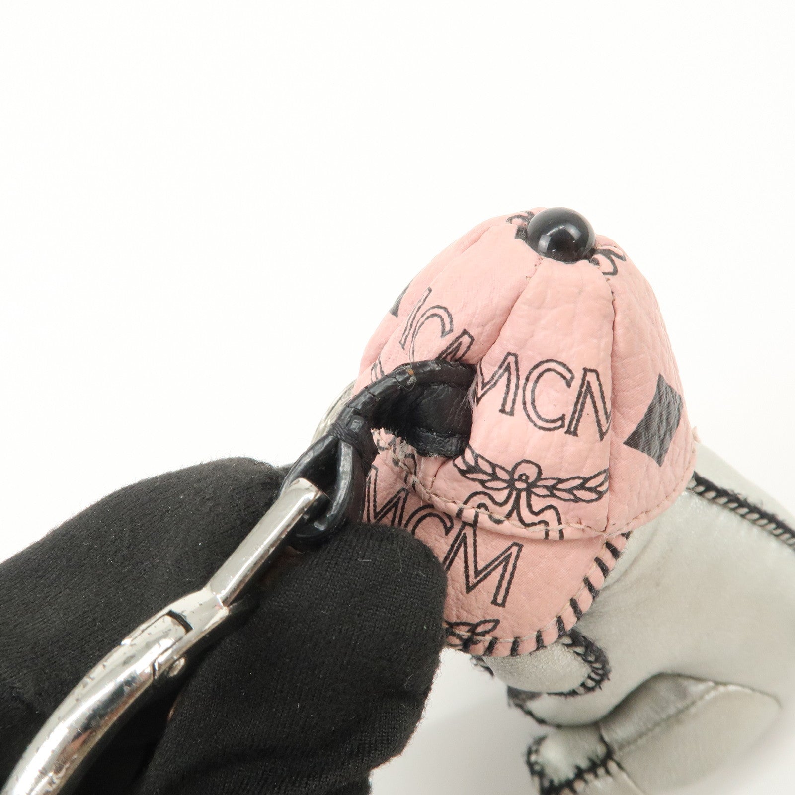 MCM Dog Motif Leather Bag Charm Key Chain Silver Pink