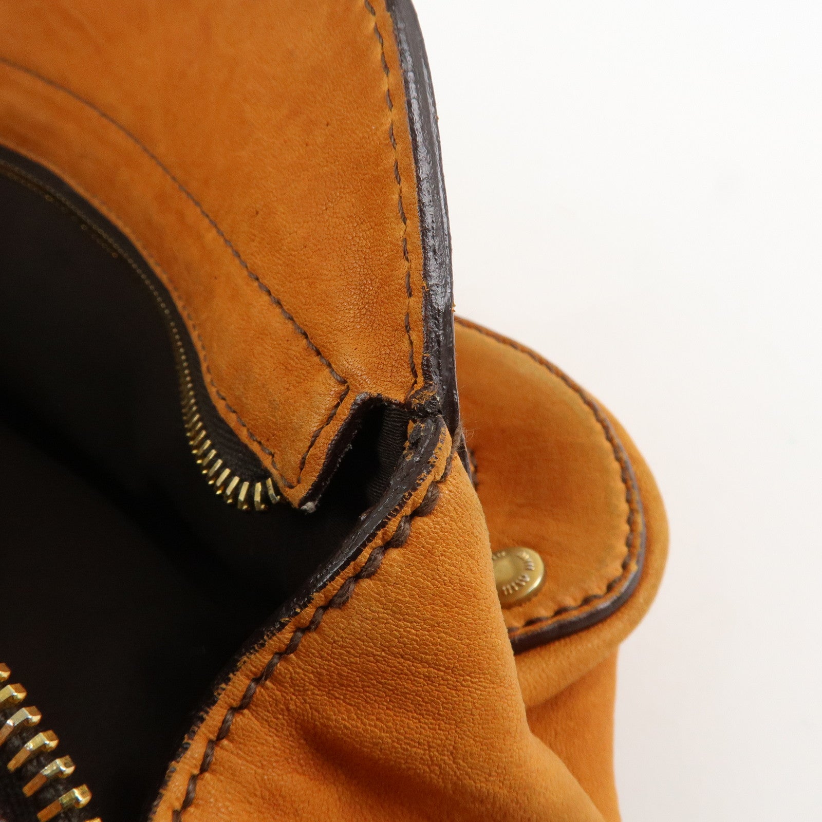 MIUMIU Logo Leather Shoulder Bag Boston Bag Hand Bag Gold HDW Brown Used