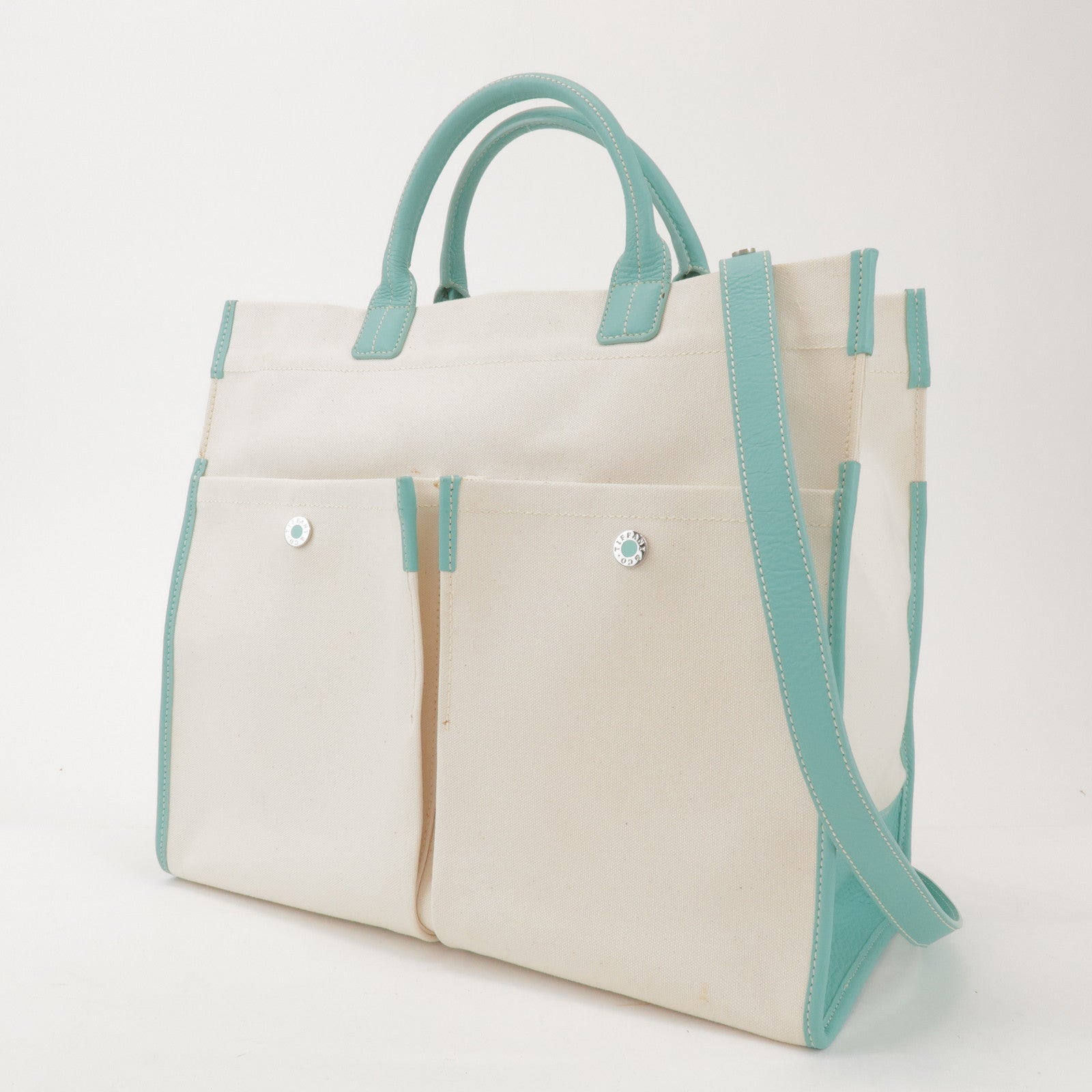 Tiffany & Co Jitney Canvas Leather 2Way Bag Tote Bag Natural Blue