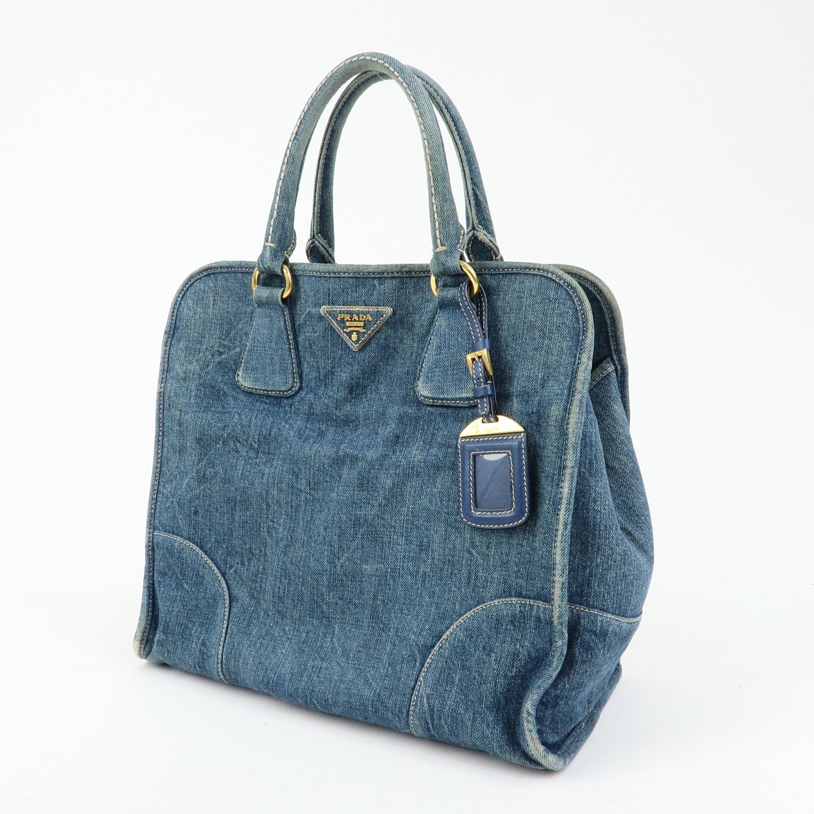 PRADA Triangle Logo Denim Tote Bag Hand Bag Blue BN2254