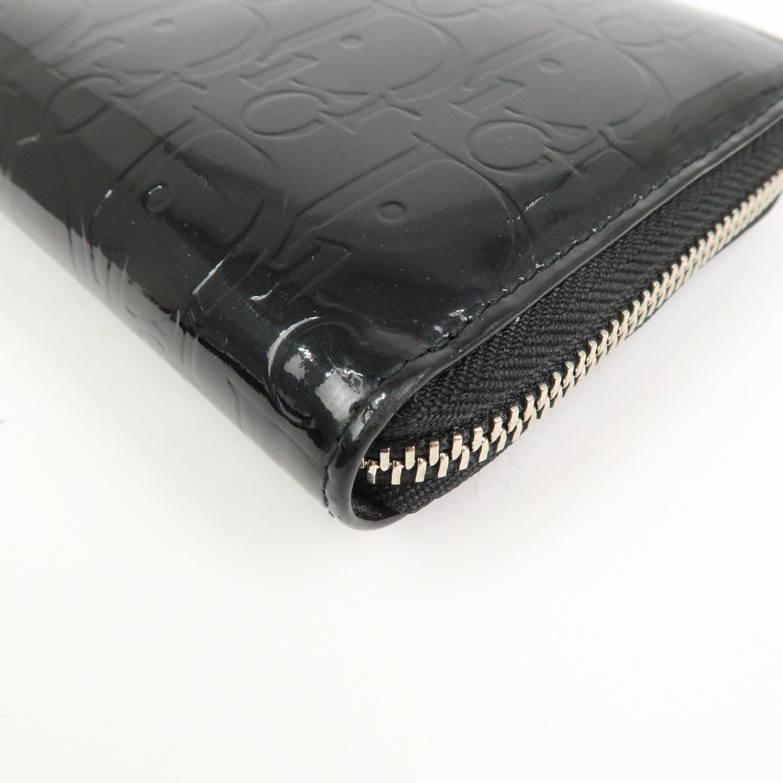 Christian Dior Trotter Patent Leather Round Zippy Long Wallet Black
