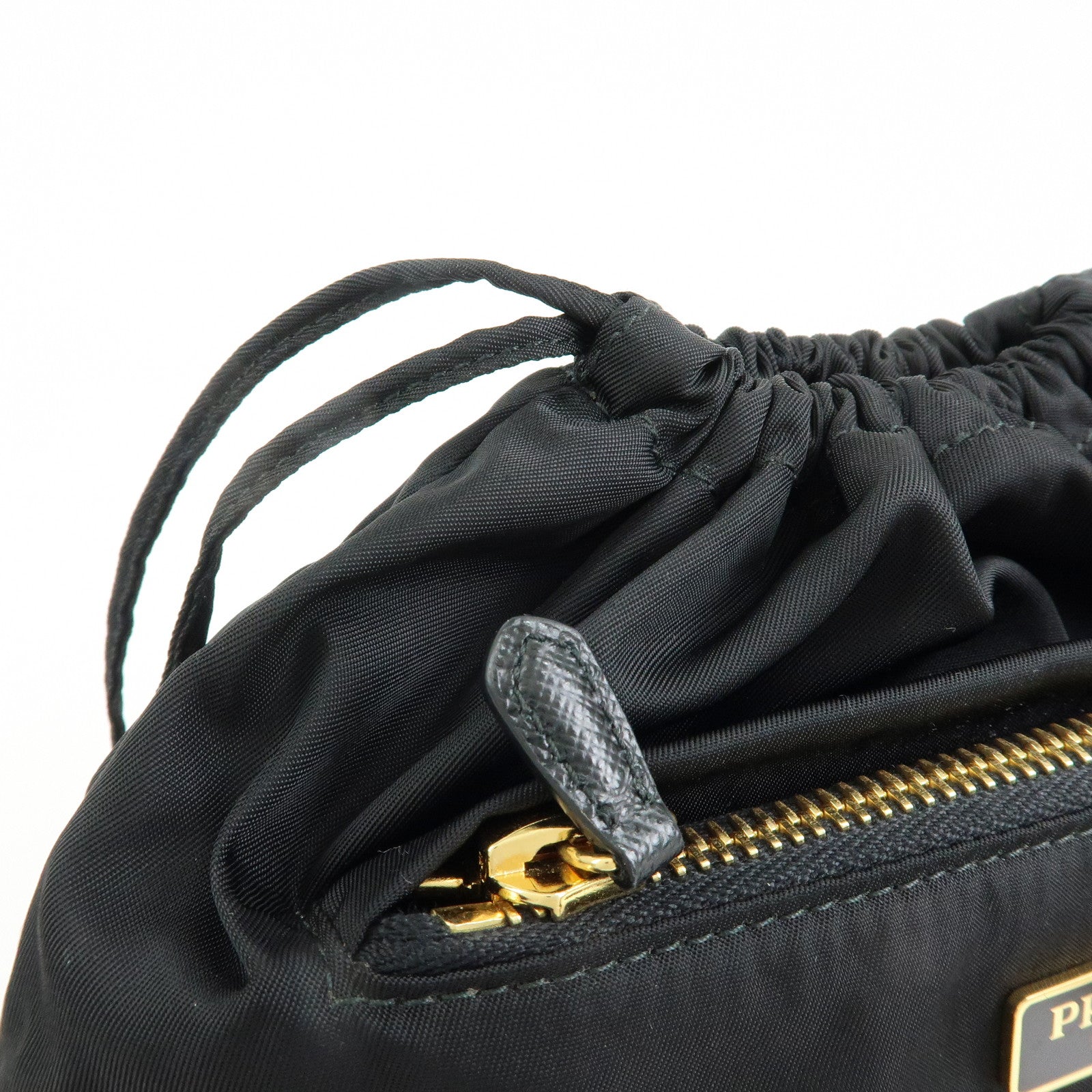 PRADA Triangle Logo Nylon Saffiano Leather Drawstring Pouch Black