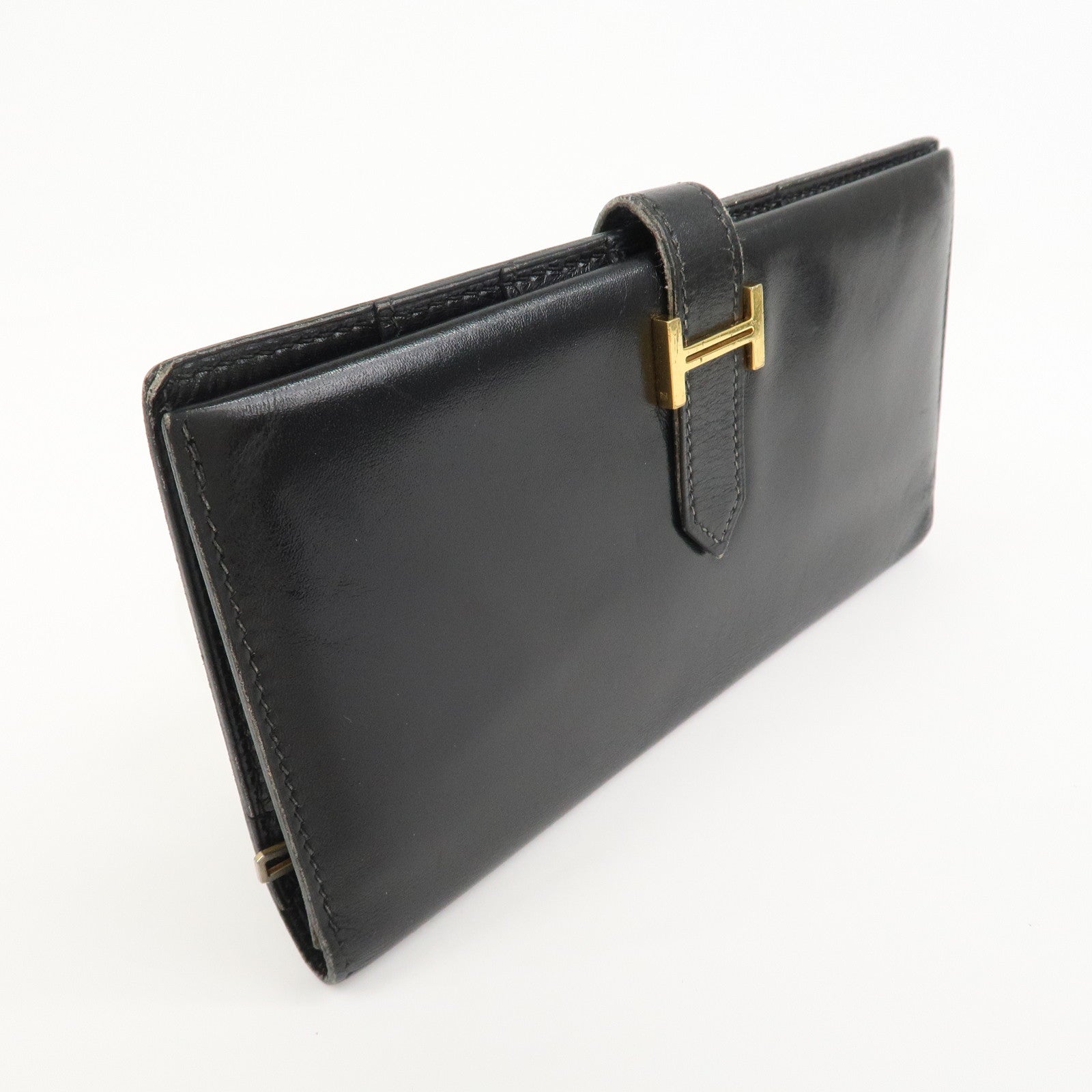 HERMES Box Calf Leather Beant Classic Long Wallet Black