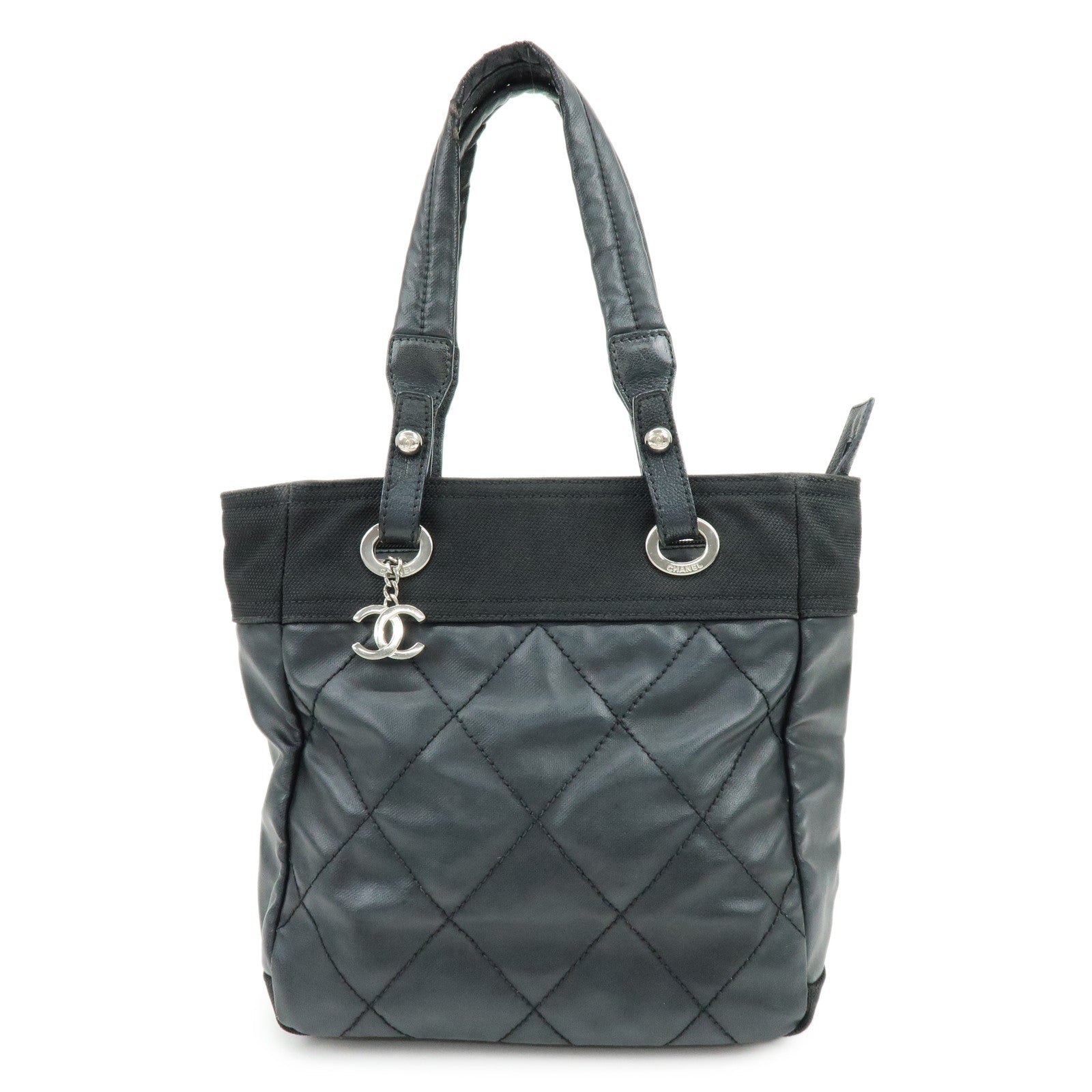 CHANEL Paris Biarritz PM PVC Canvas Leather Tote Bag Black A34208