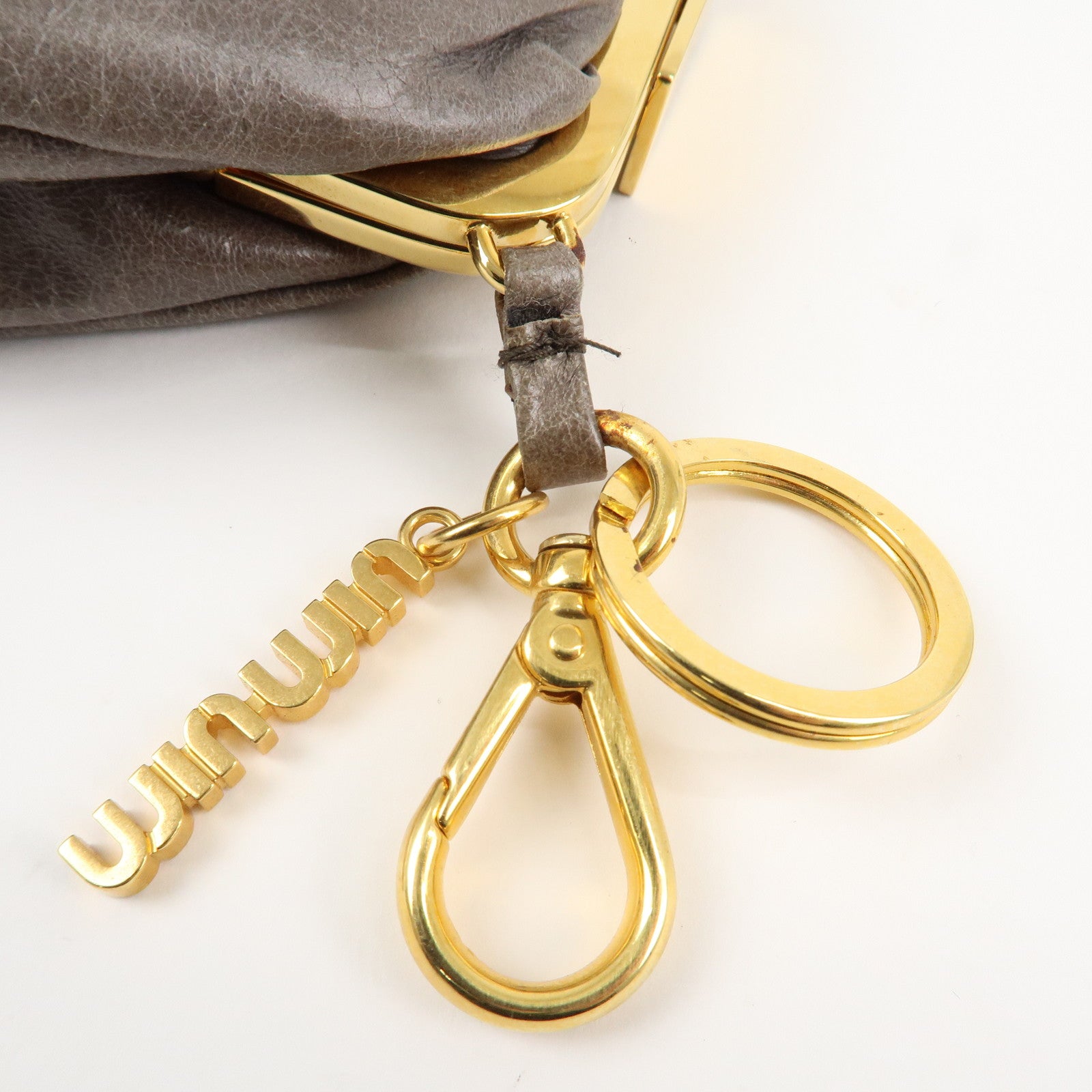 MIU MIU Logo Leather Kiss Lock Coin Case Gray Gold HDW Used