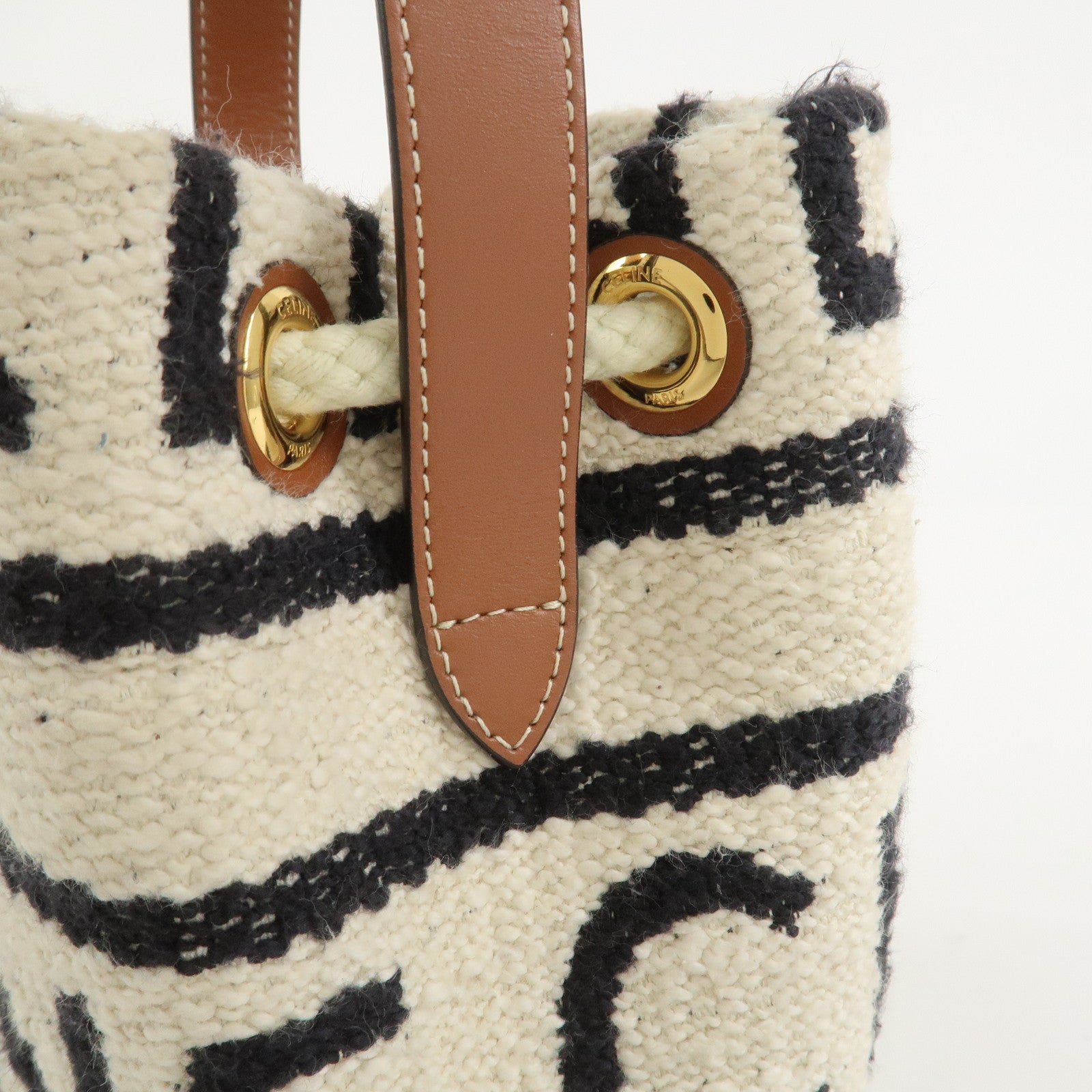 CELINE Teen Drawstring Canvas Leather Hand Bag Natural Brown