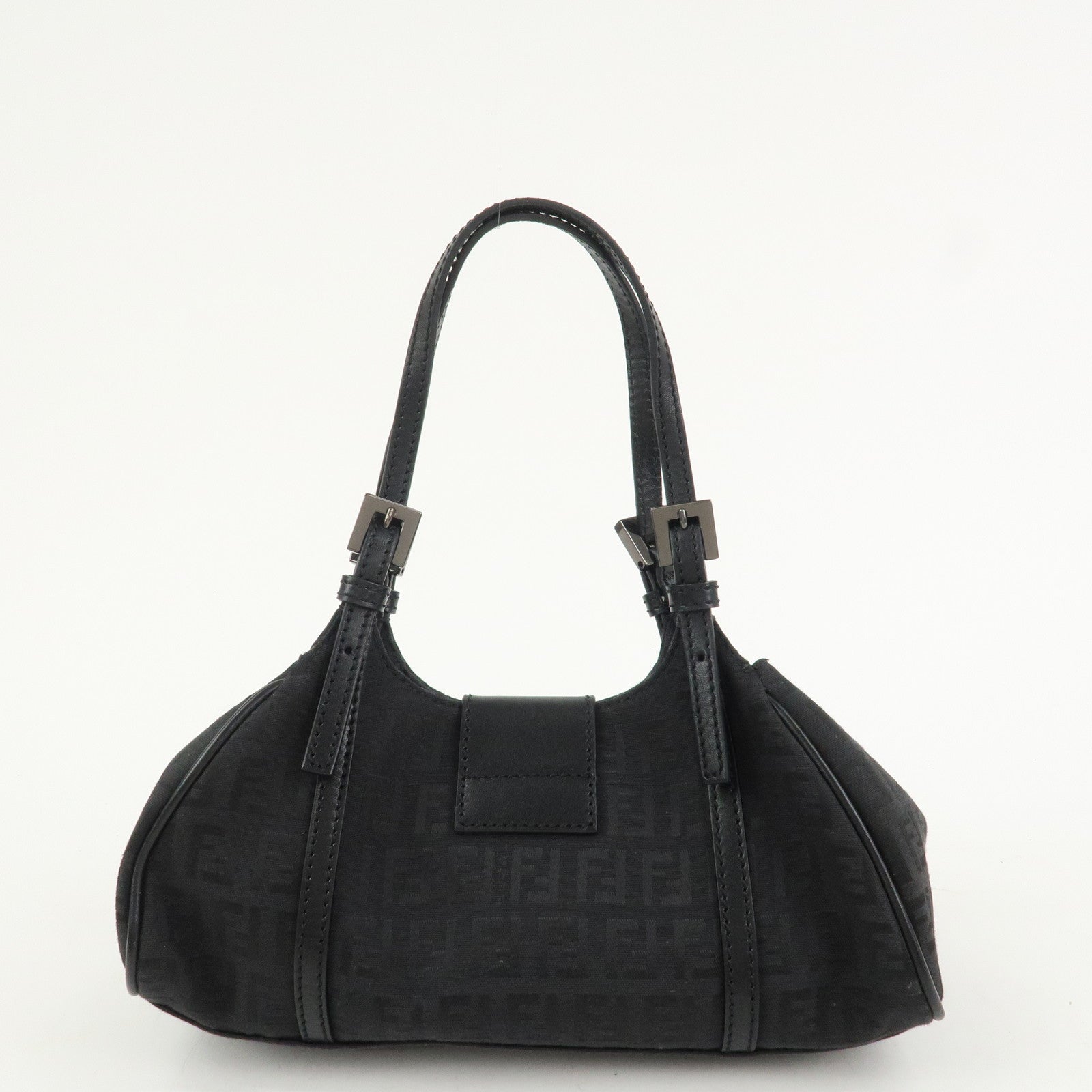 FENDI Zucchino Canvas Leather Hand Bag Shoulder Bag Black 8BR437