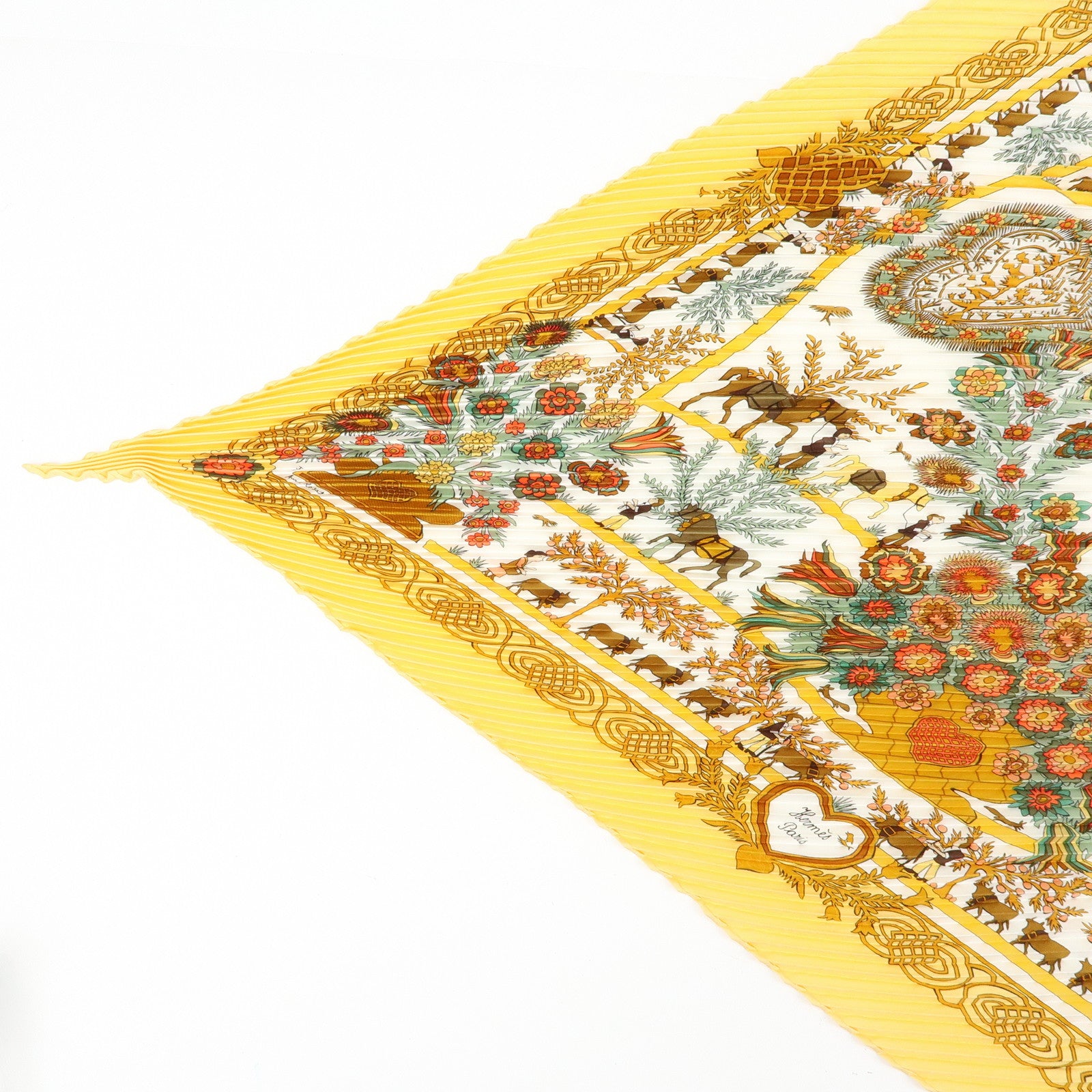 HERMES Pleated Carre 90 Silk 100% Scarf DECOUPAGES Yellow Orange