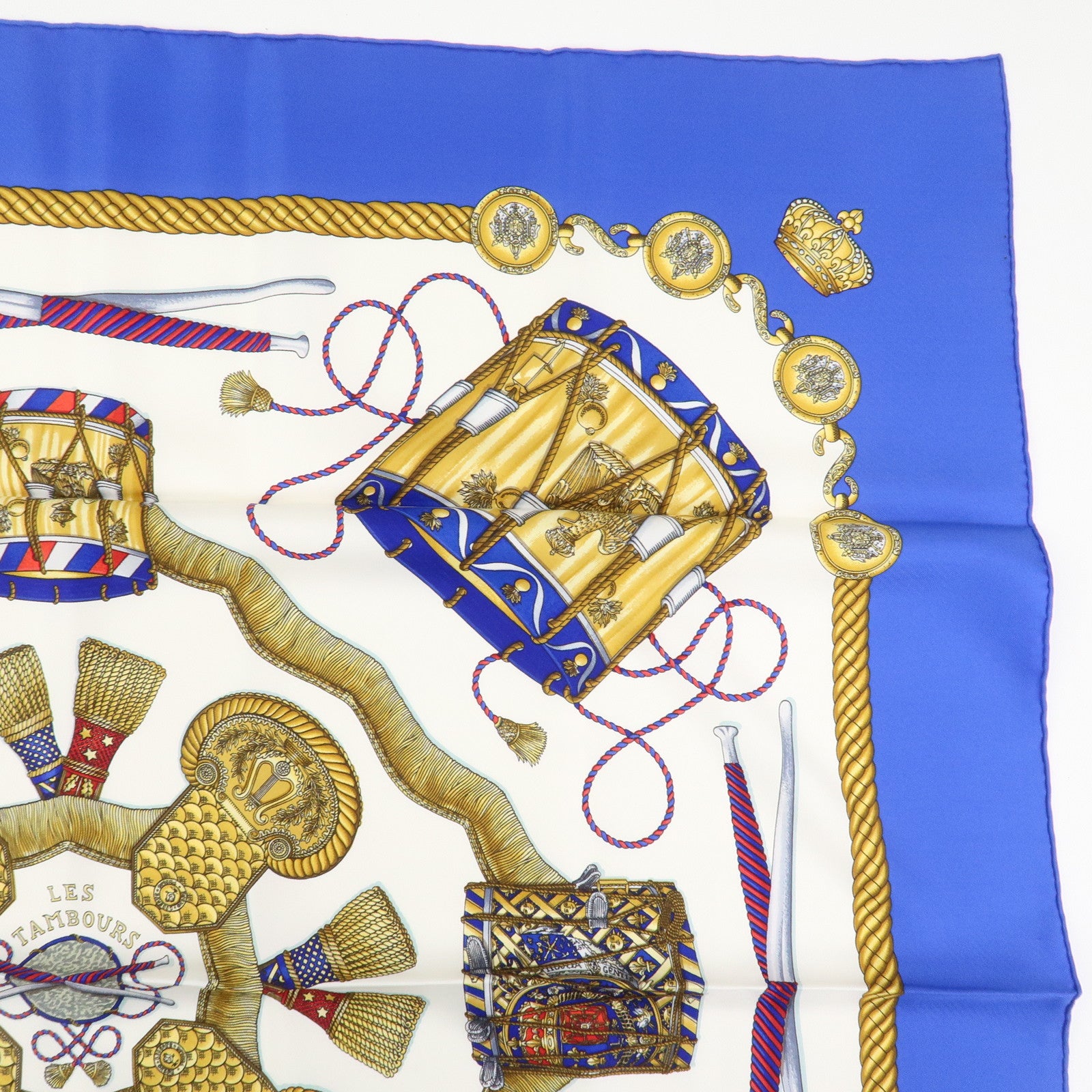HERMES Carre 90 Silk 100% Scarf LES TAMBOURS Blue White