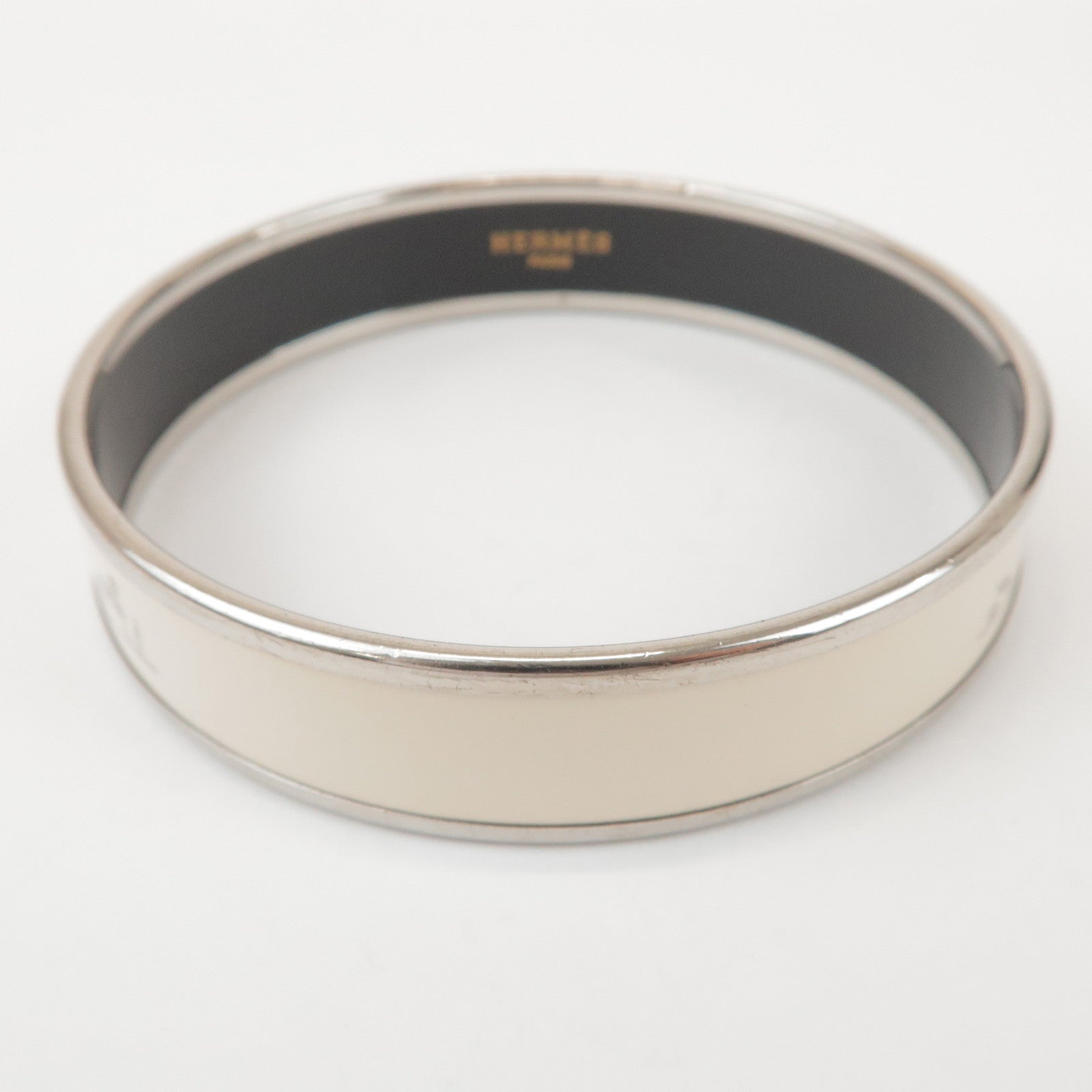 HERMES Email MM Bangle Plated Bracelet Ivory Silver