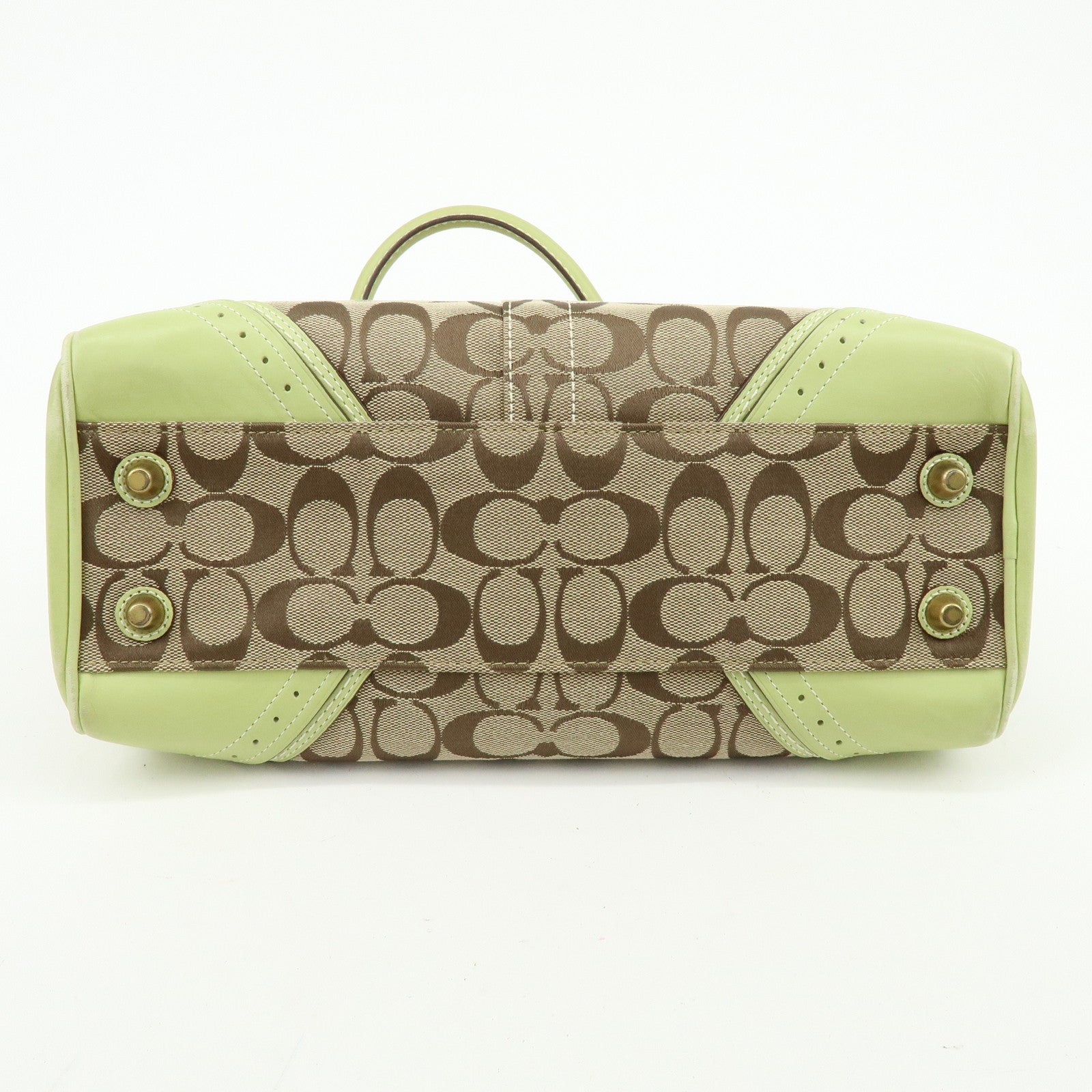 COACH Signature Canvas Leather Boston Hand Bag Light Brown Green