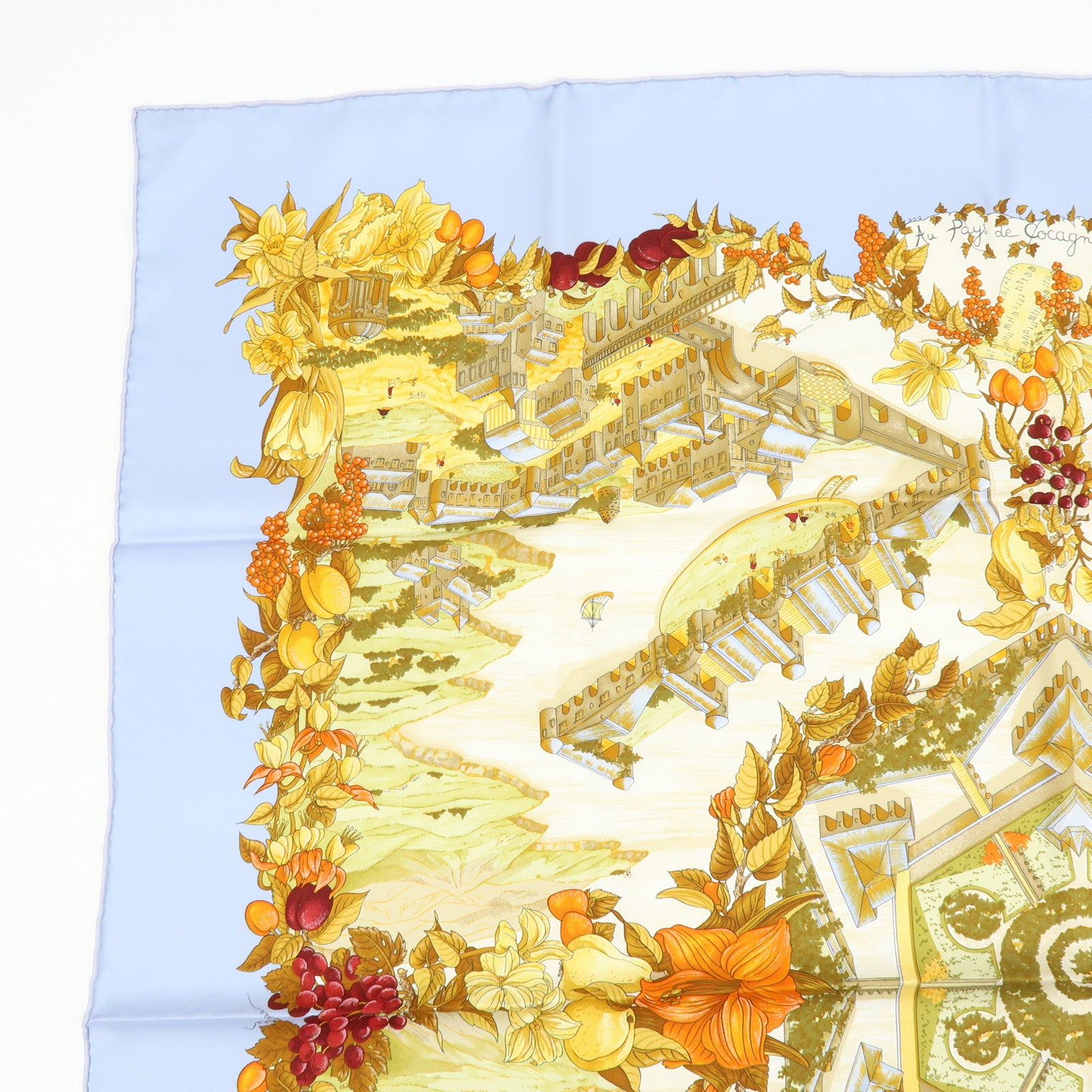 HERMES Carre 90 Silk 100% Scarf Au Pays de Cocagne Blue Brown