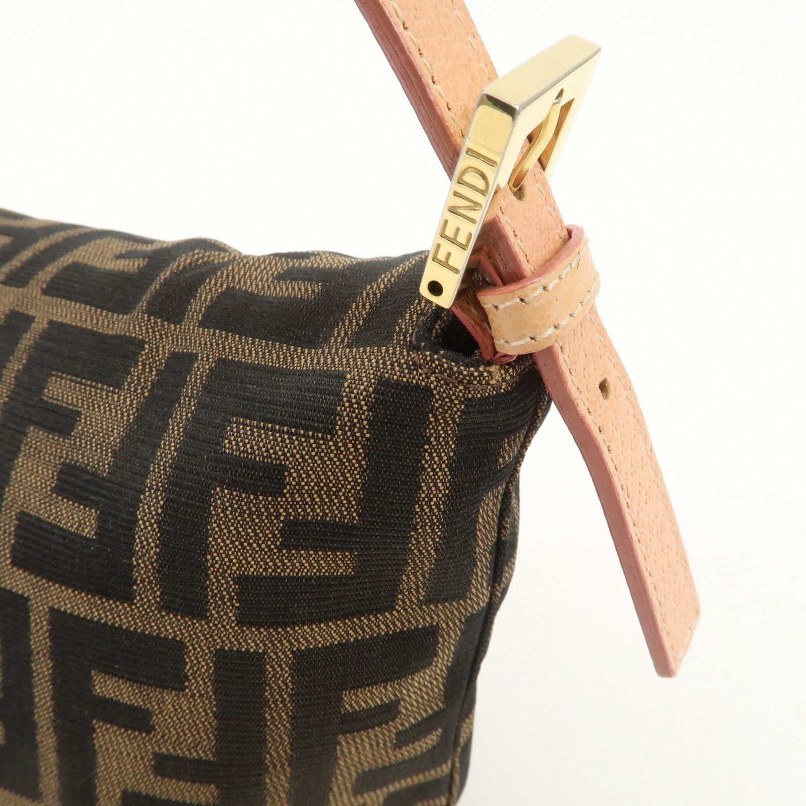 FENDI Zucca Canvas Leather Shoulder Bag Black Pink Flower Motif