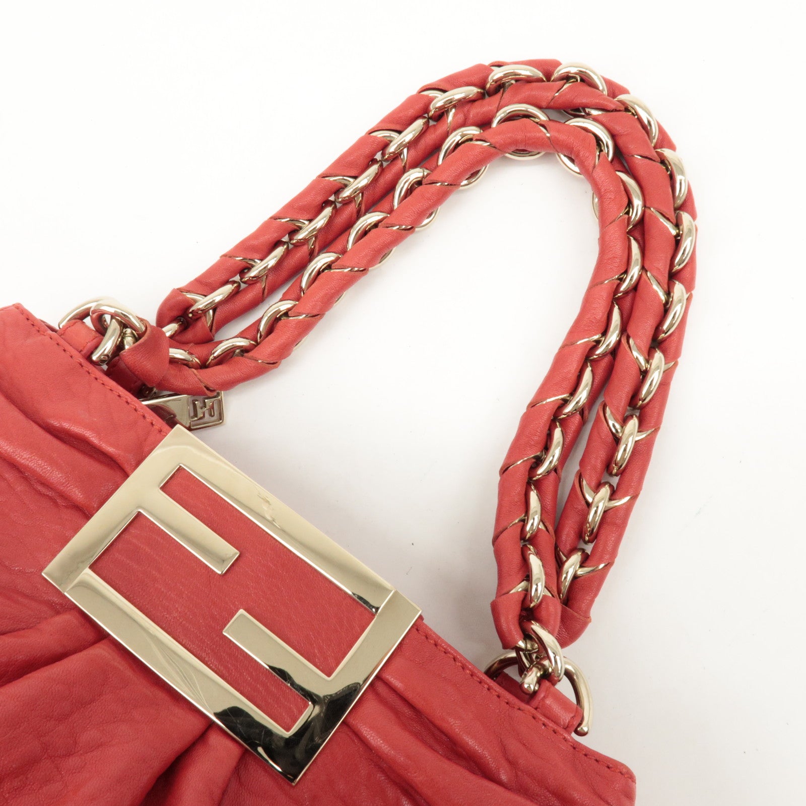 FENDI Leather Mia Chain Shoulder Bag Red Gold Hardware 8BR615 Used