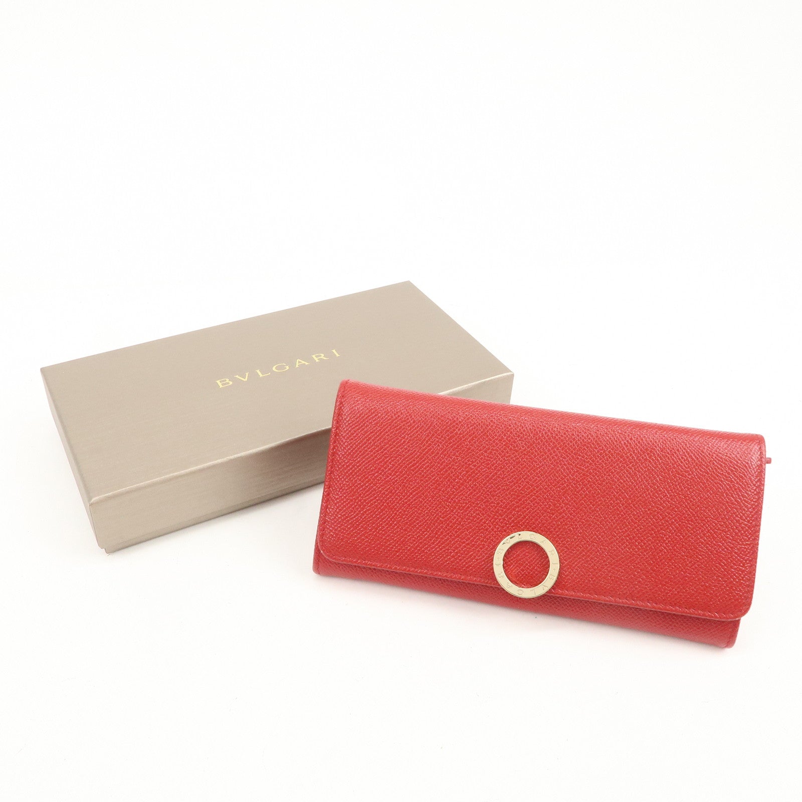 BVLGARI Logo Leather Bi-Fold Long Wallet Red