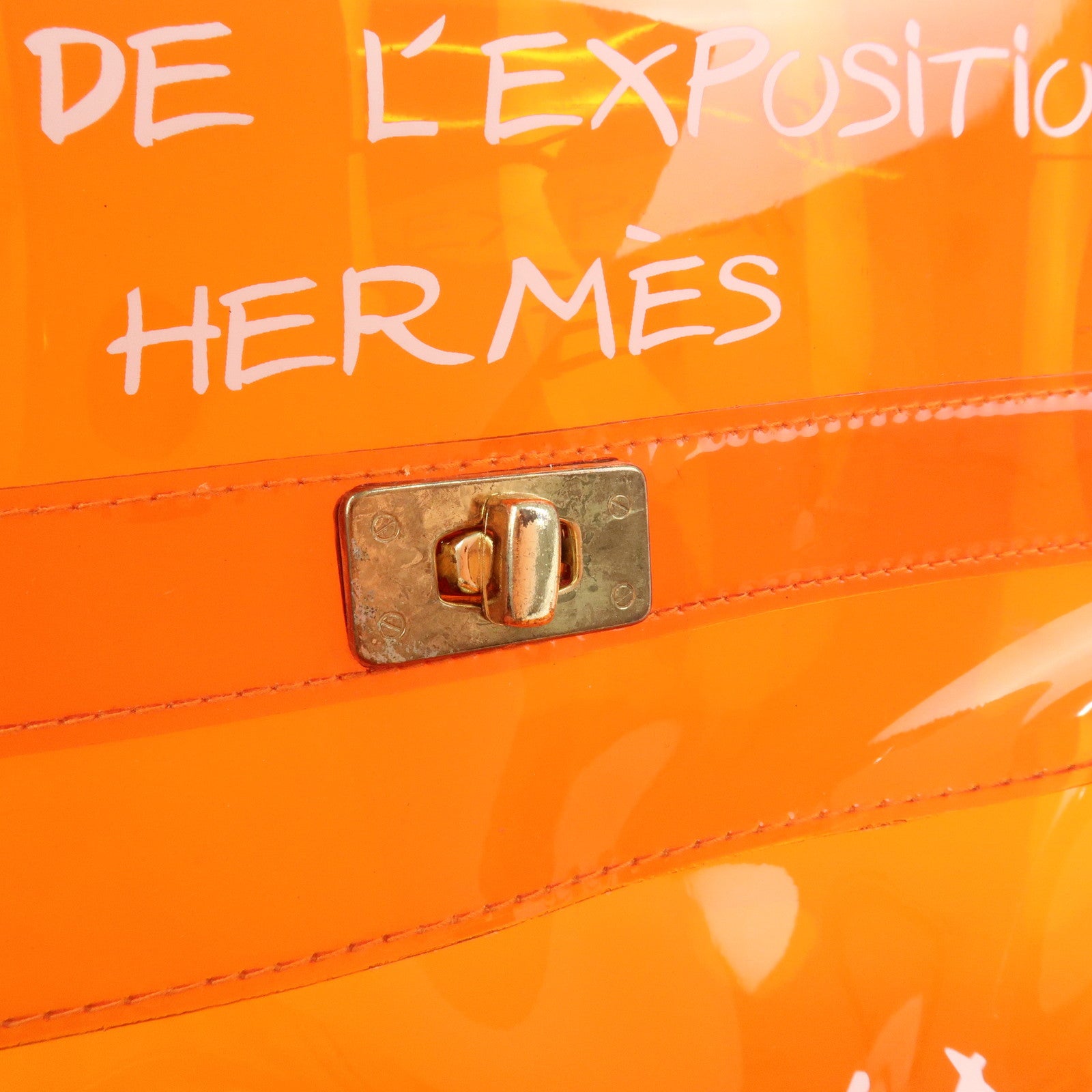 HERMES Kelly Vinyl Hand Bag Clear Transparent Orange