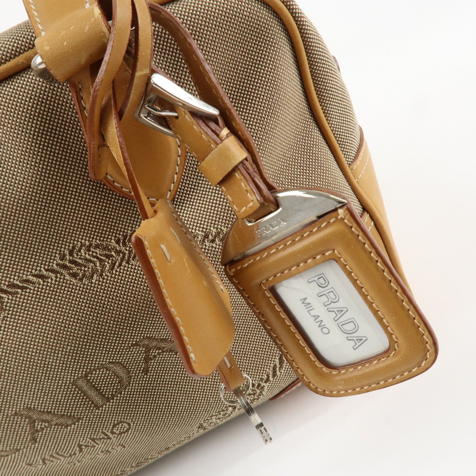 PRADA Logo Jacquard Leather Boston Bag Shoulder Bag Beige Used