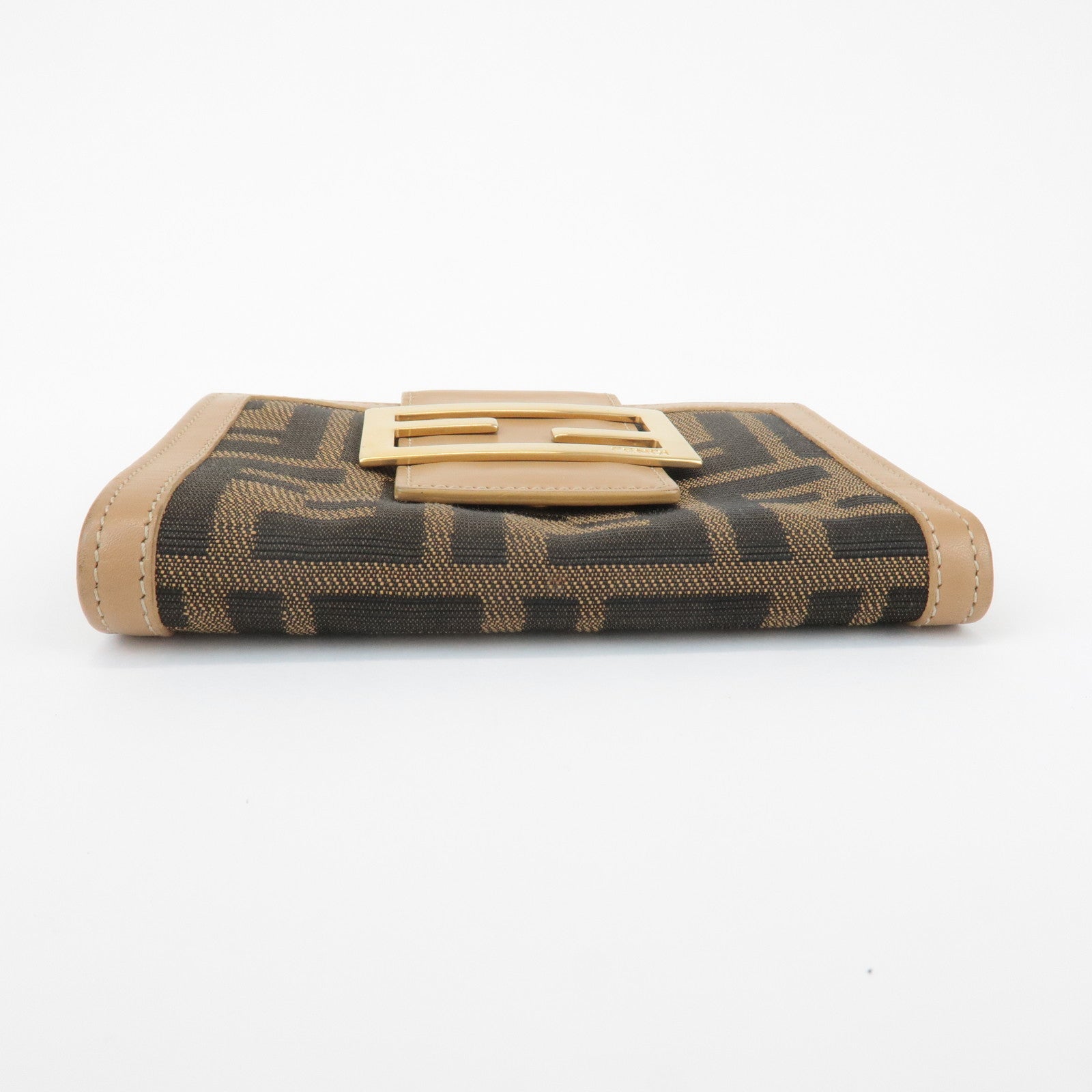 FENDI Zucca Leather Canvas Double Hook Bi Fold Wallet Beige 8M0035 Used