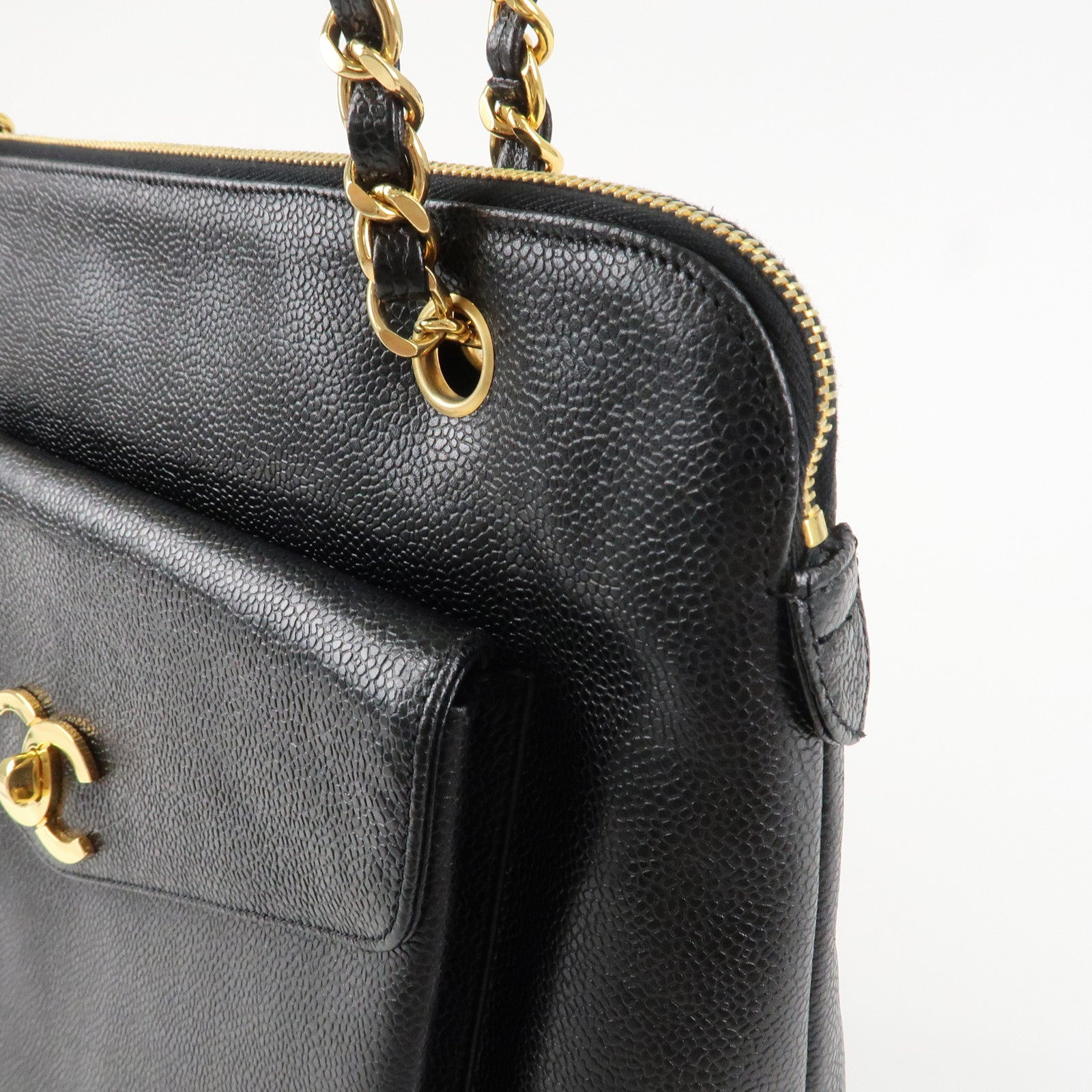 CHANEL Caviarskin COCO Mark Turnlock Chain Shoulder Bag Black Gold HDW Used