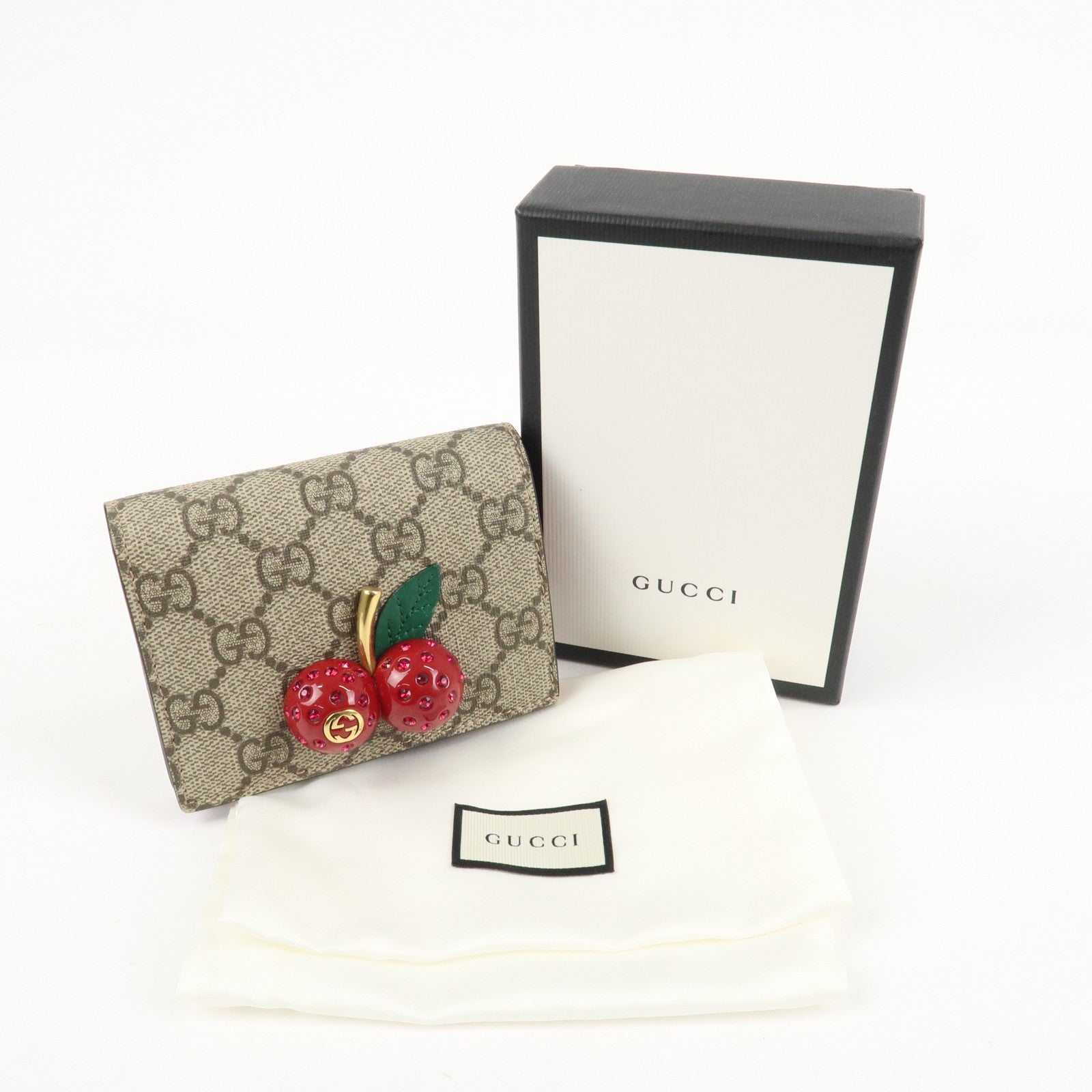 GUCCI Interlocking G GG Supreme Cherry Compact Wallet Beige 476050 Used