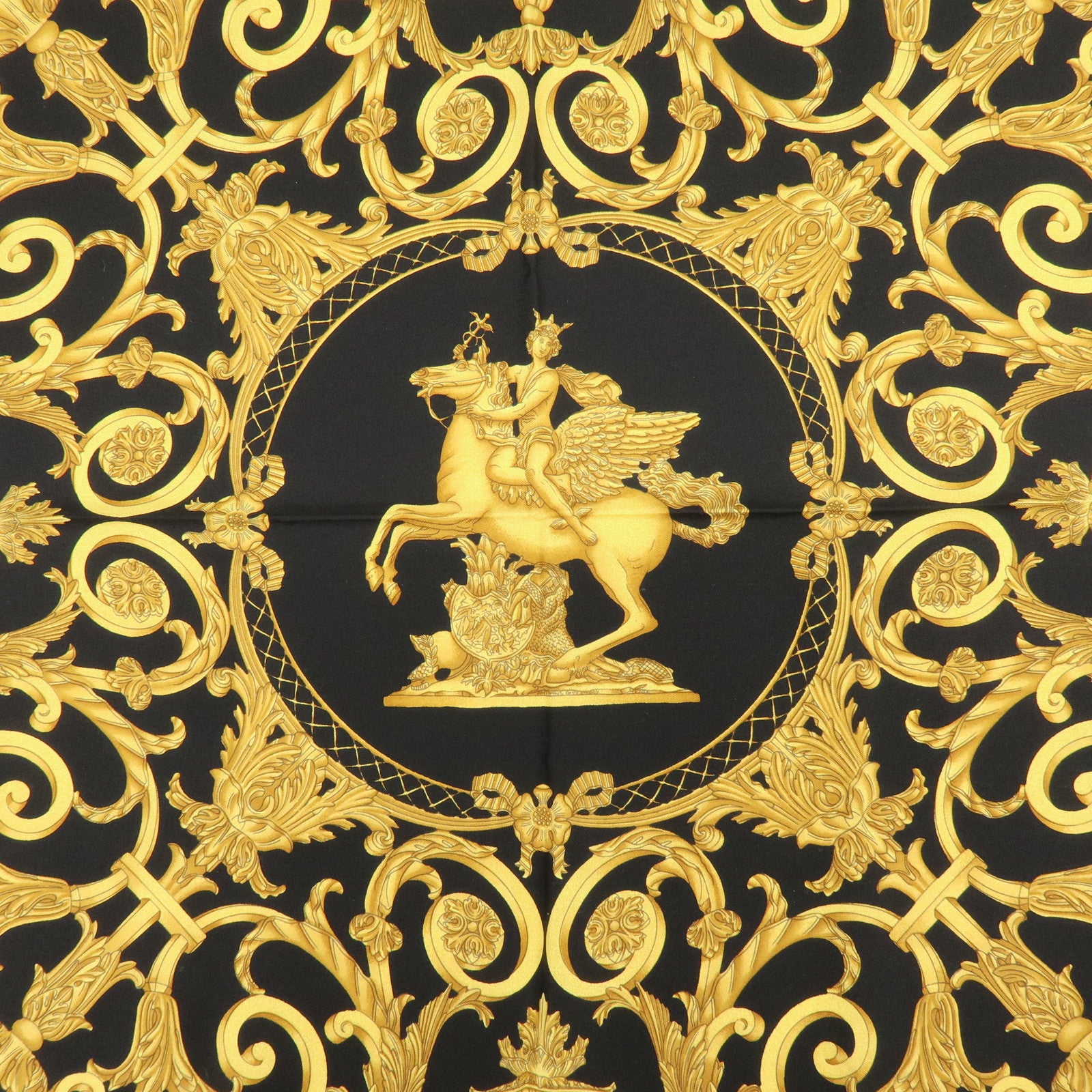 HERMES Carre 90 Silk 100% Scarf LES TUILERIES Black Gold