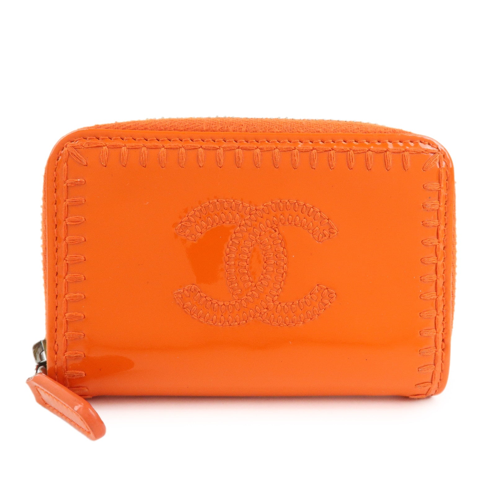 CHANEL COCO Mark Enamel Leather Round Zippy Coin Case Orange A68890 Used