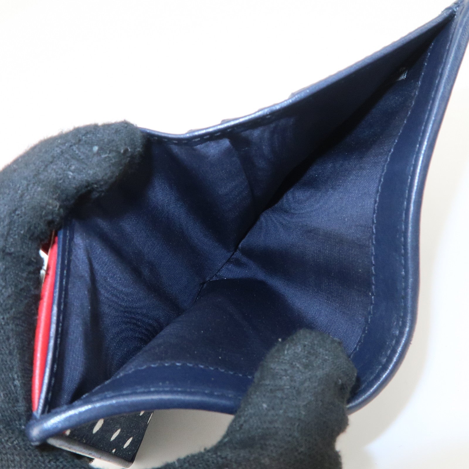 MIU MIU Cherry Denim Leather Bifold Compact Wallet Navy Red Used