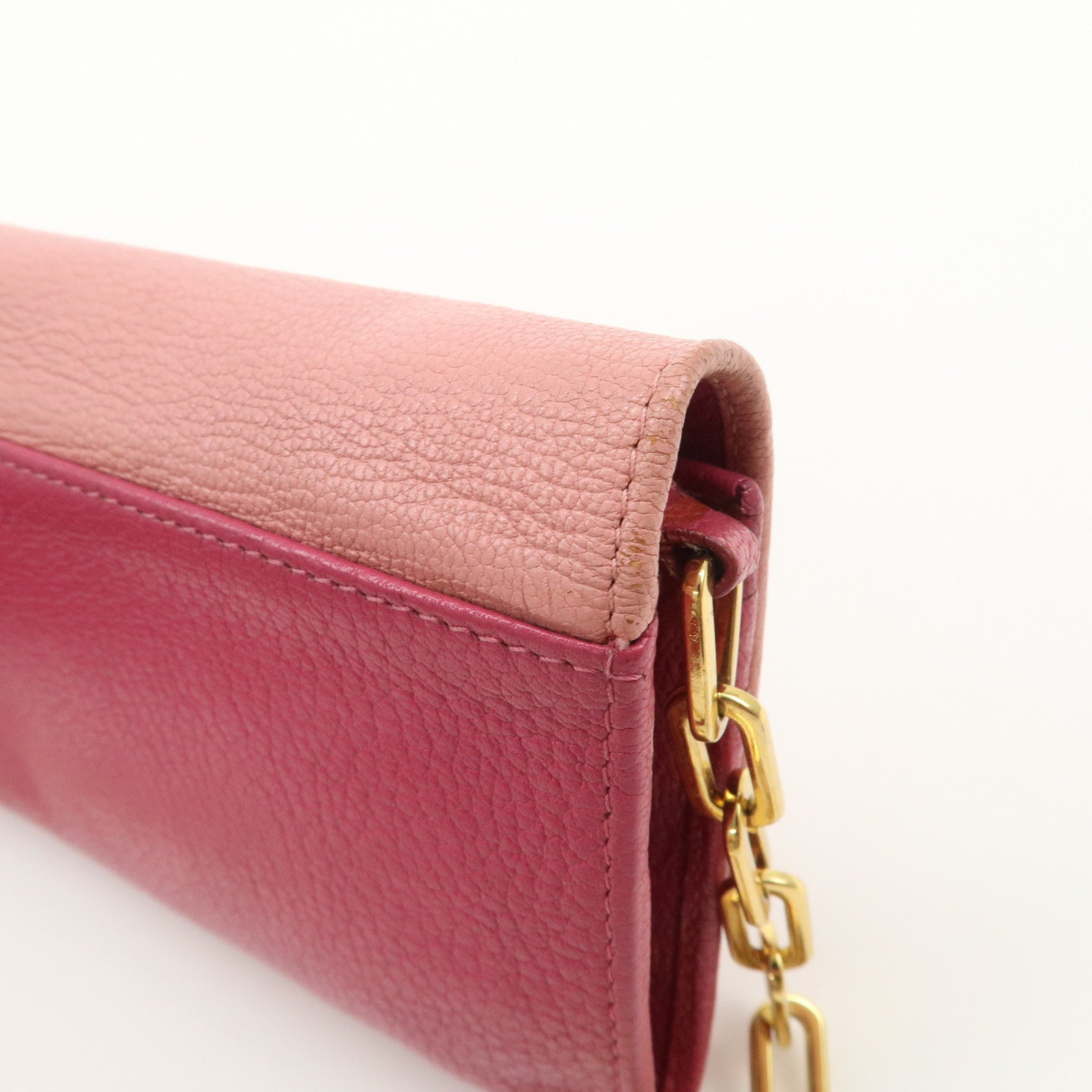 MIU MIU Logo Leather WOC Chain Shoulder Long Wallet Pink 5M1290