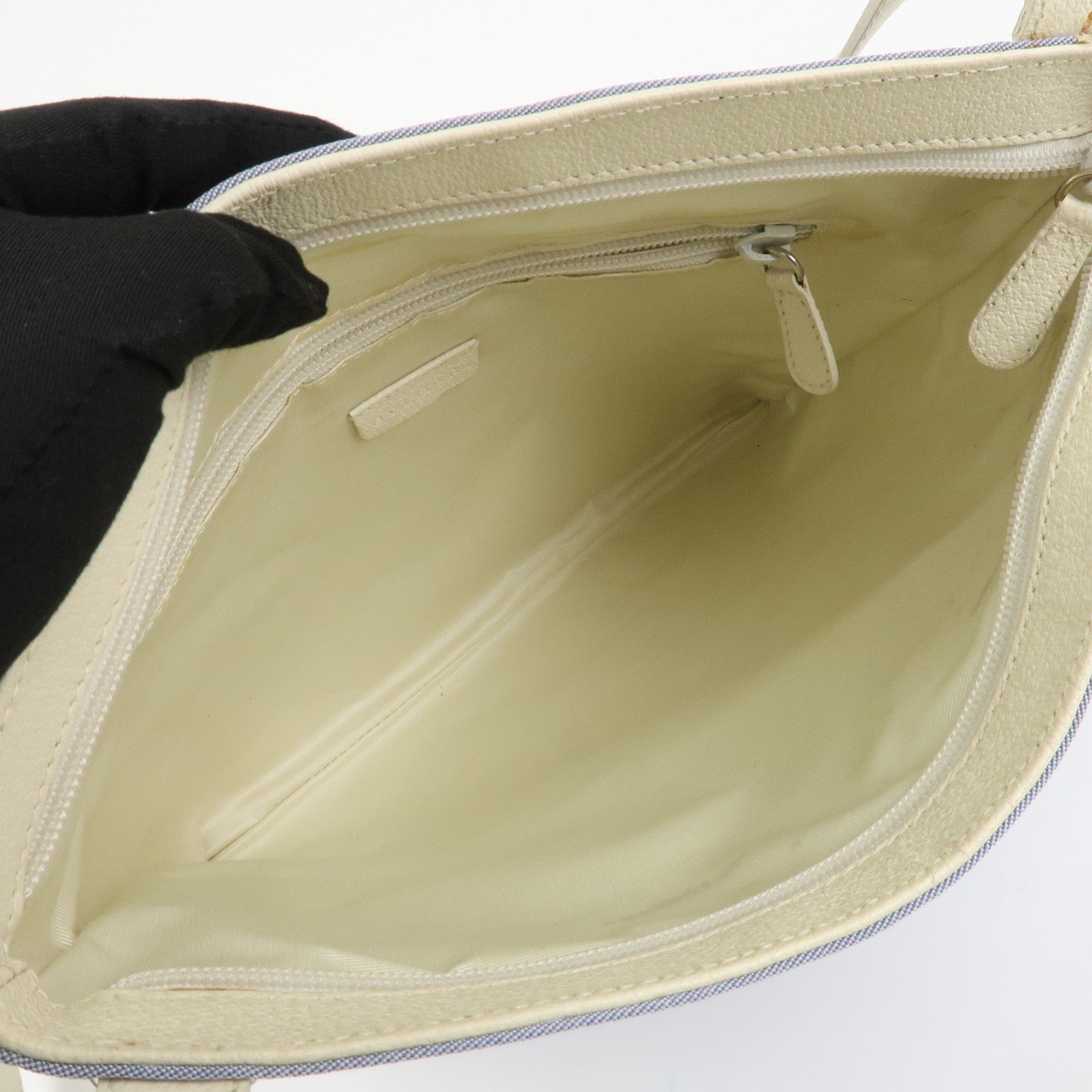 BVLGARI Logo Mania Leather Canvas Shoulder Bag Ivory Light Blue Used