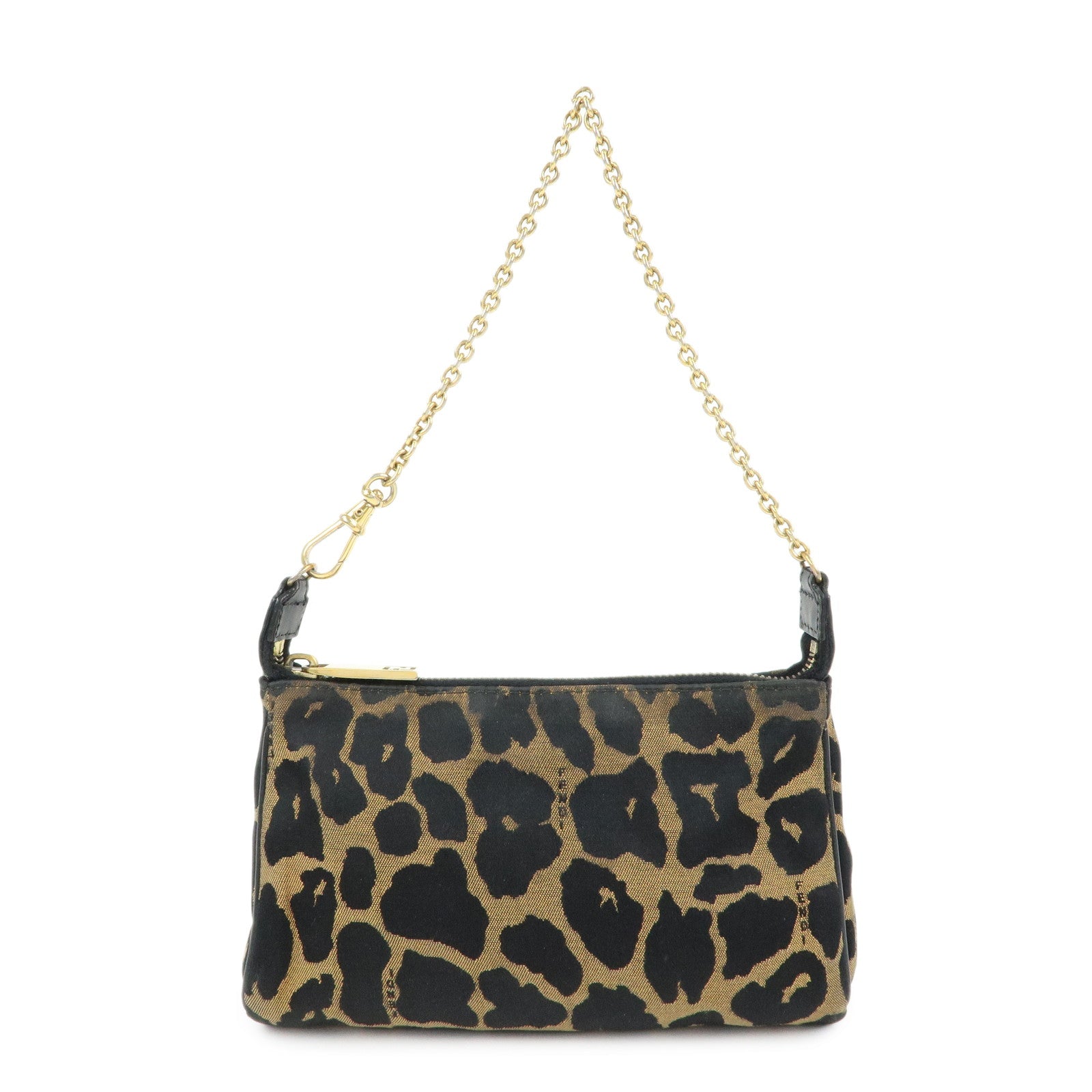 FENDI Canvas Leather Leopard Chain Hand Bag Brown Black 8M0264