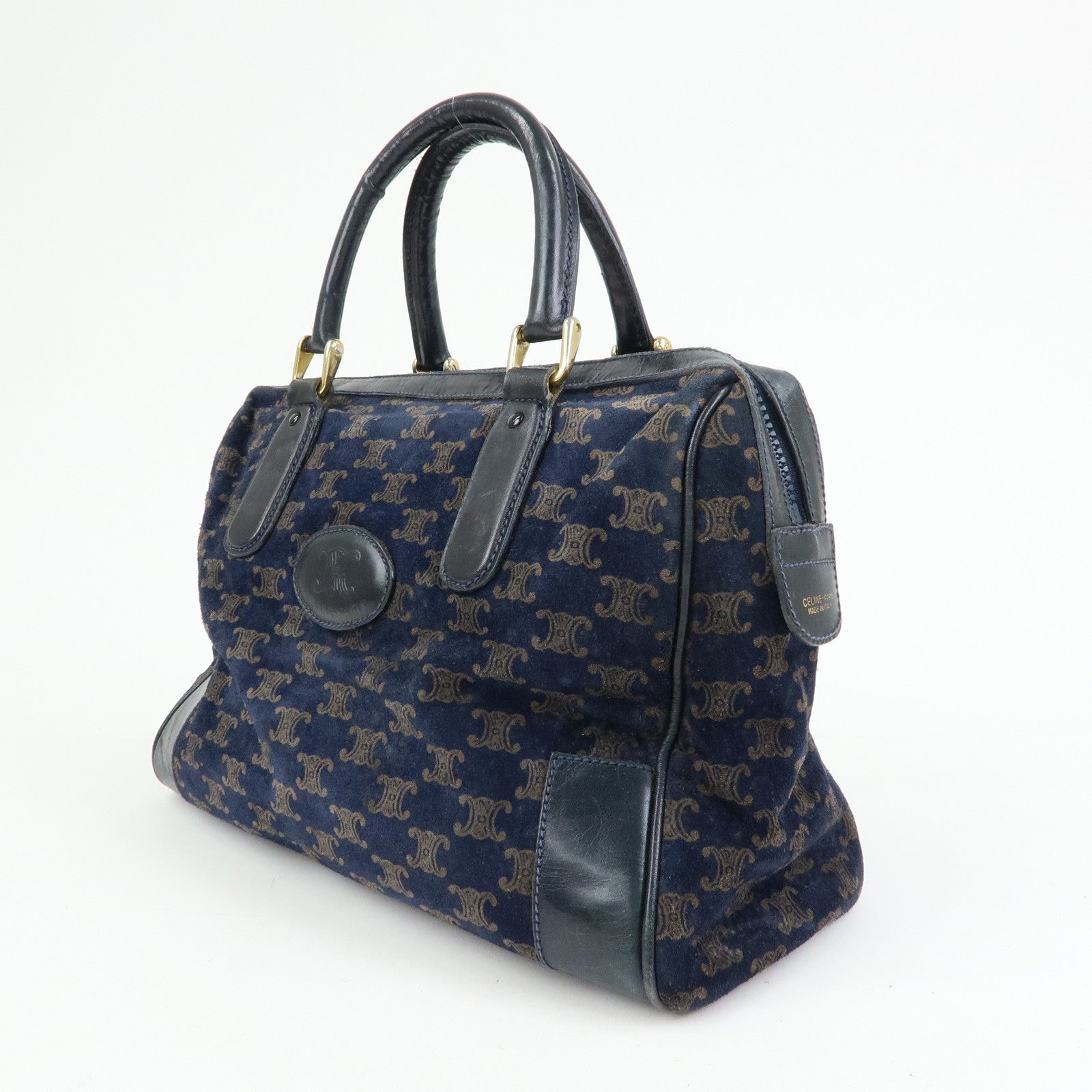 CELINE Macadam Leather Suede Hand Bag Boston Bag Navy