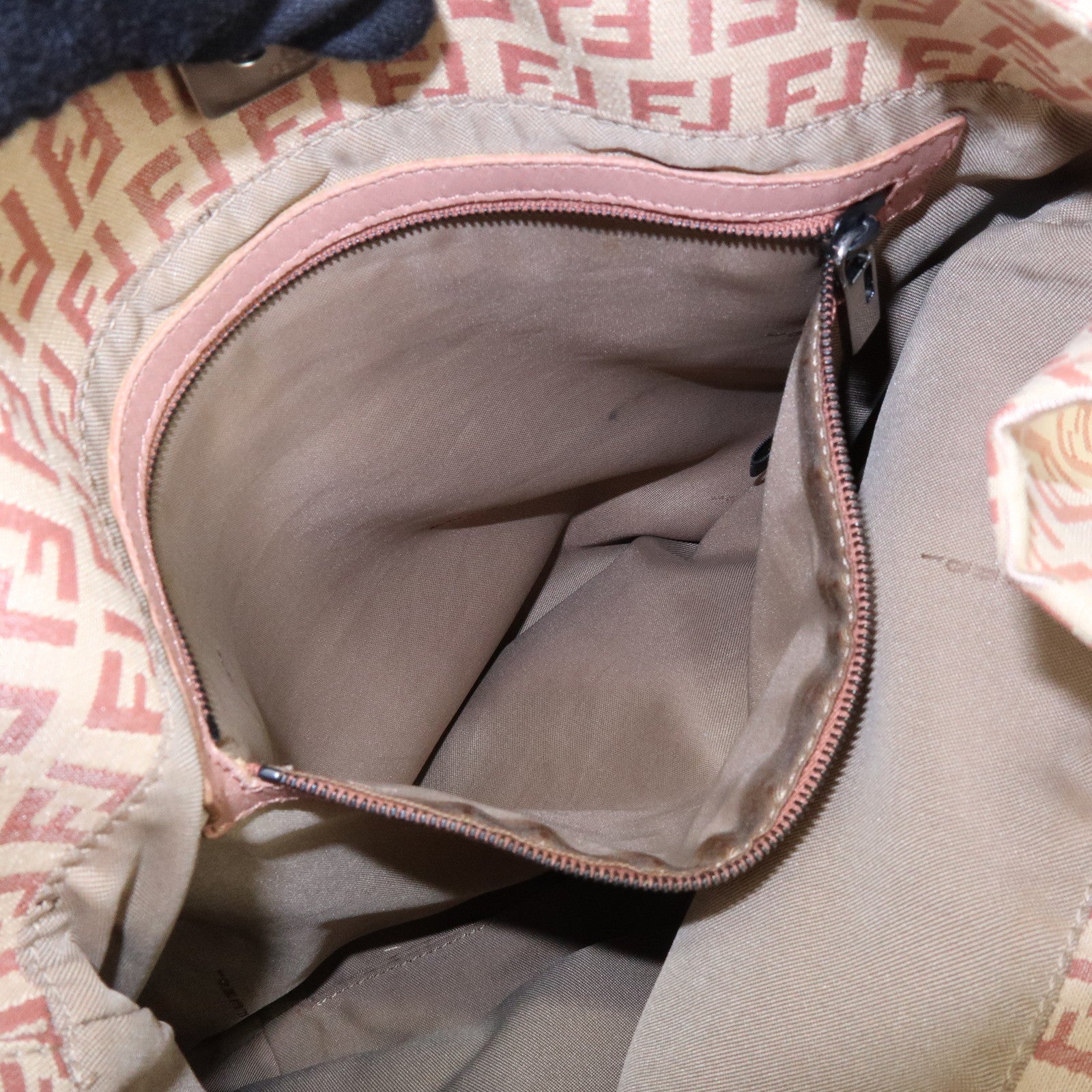 FENDI Zucchino Canvas Leather Shoulder Bag Beige Pink 8BR318