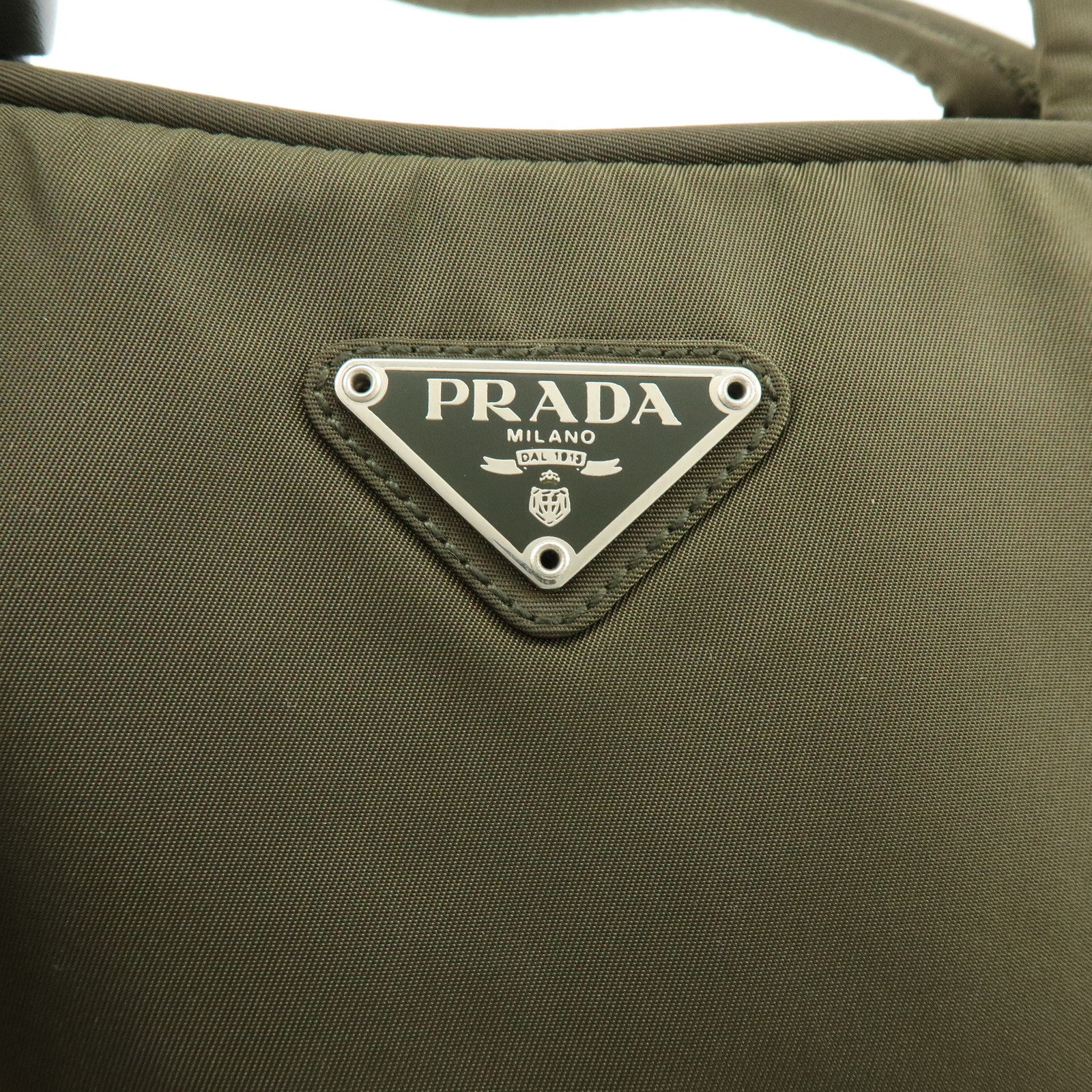 PRADA Triangle Logo Nylon Leather Tote Bag Hand Bag Khaki