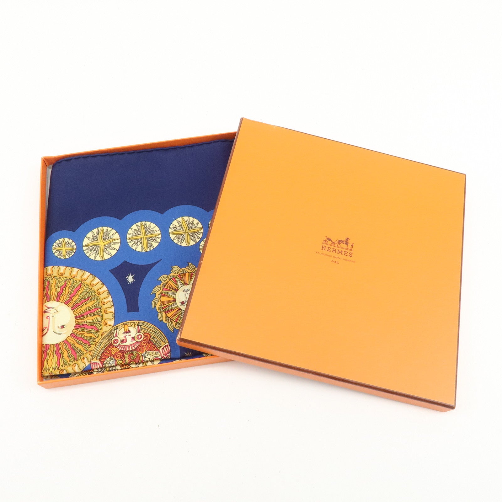 HERMES Carre 90 Silk 100% Scarf LE ROY SOLEIL Navy Yellow