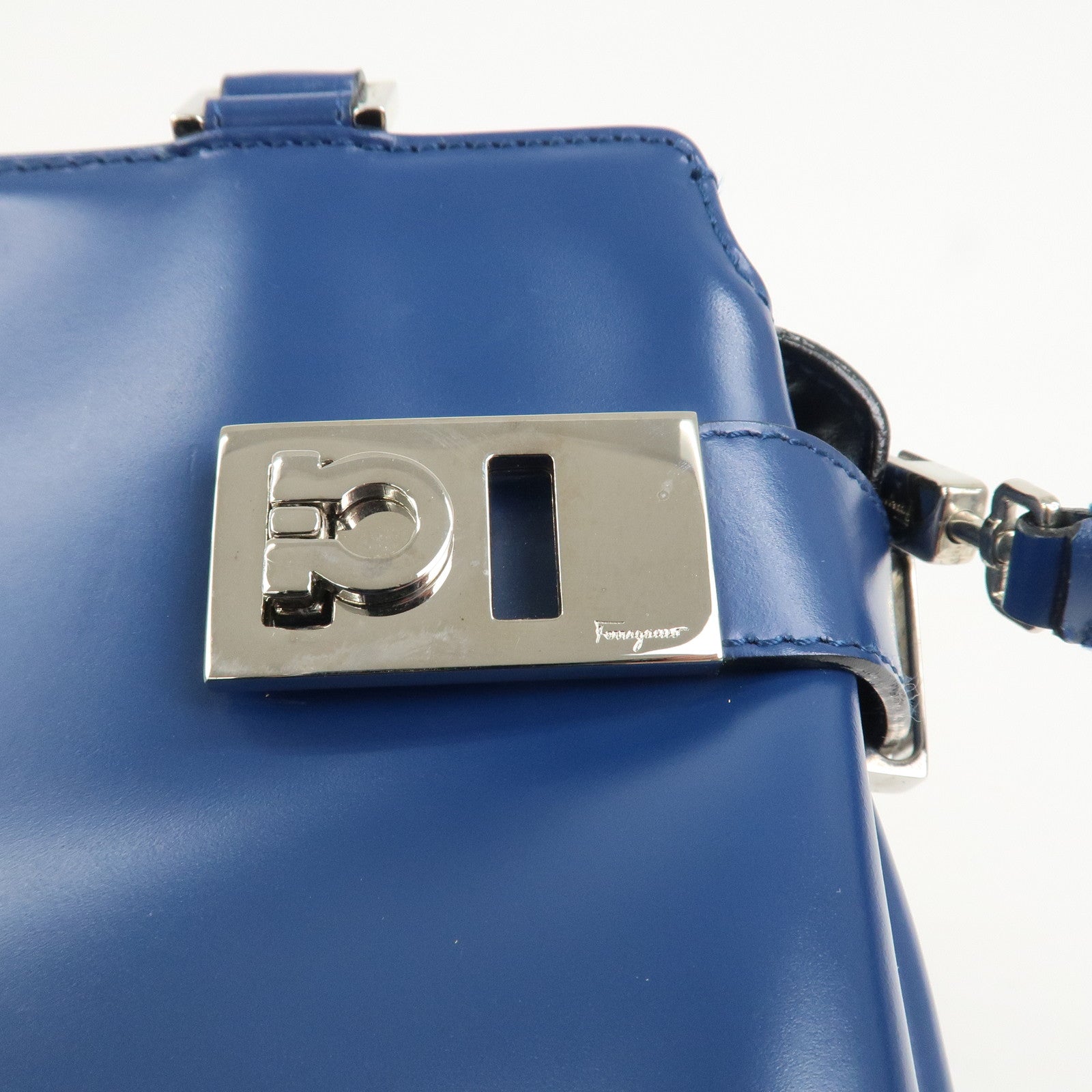 Ferragamo Gancini Logo Leather 2Way Bag Hand Bag Shoulder Bag Blue