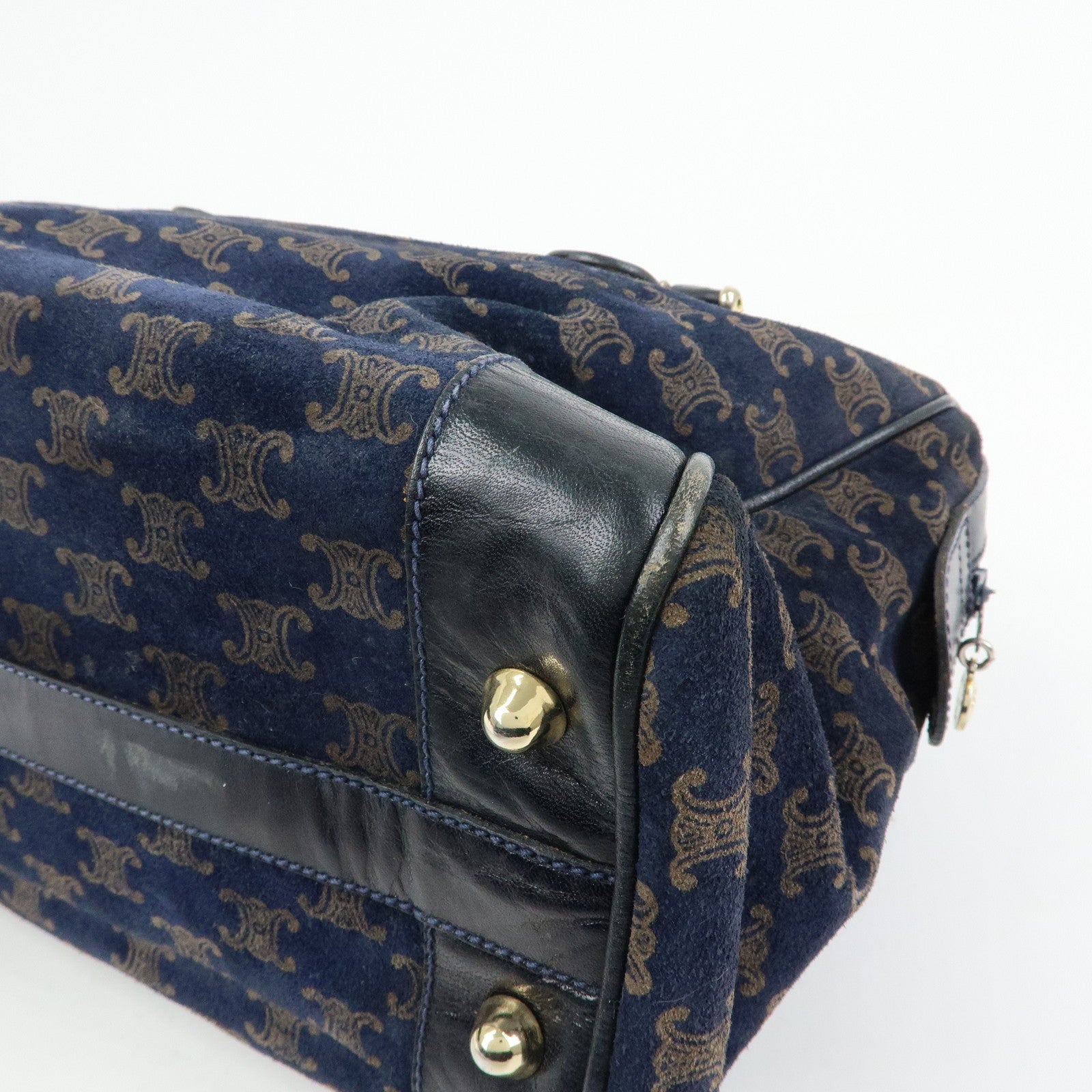 CELINE Macadam Leather Suede Hand Bag Boston Bag Navy