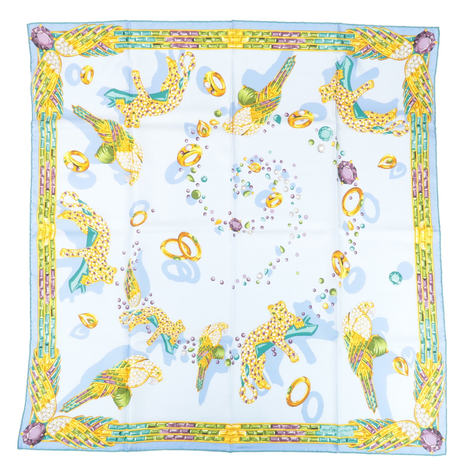 Cartier 100% Silk Scarf Light Blue Multicolor Used